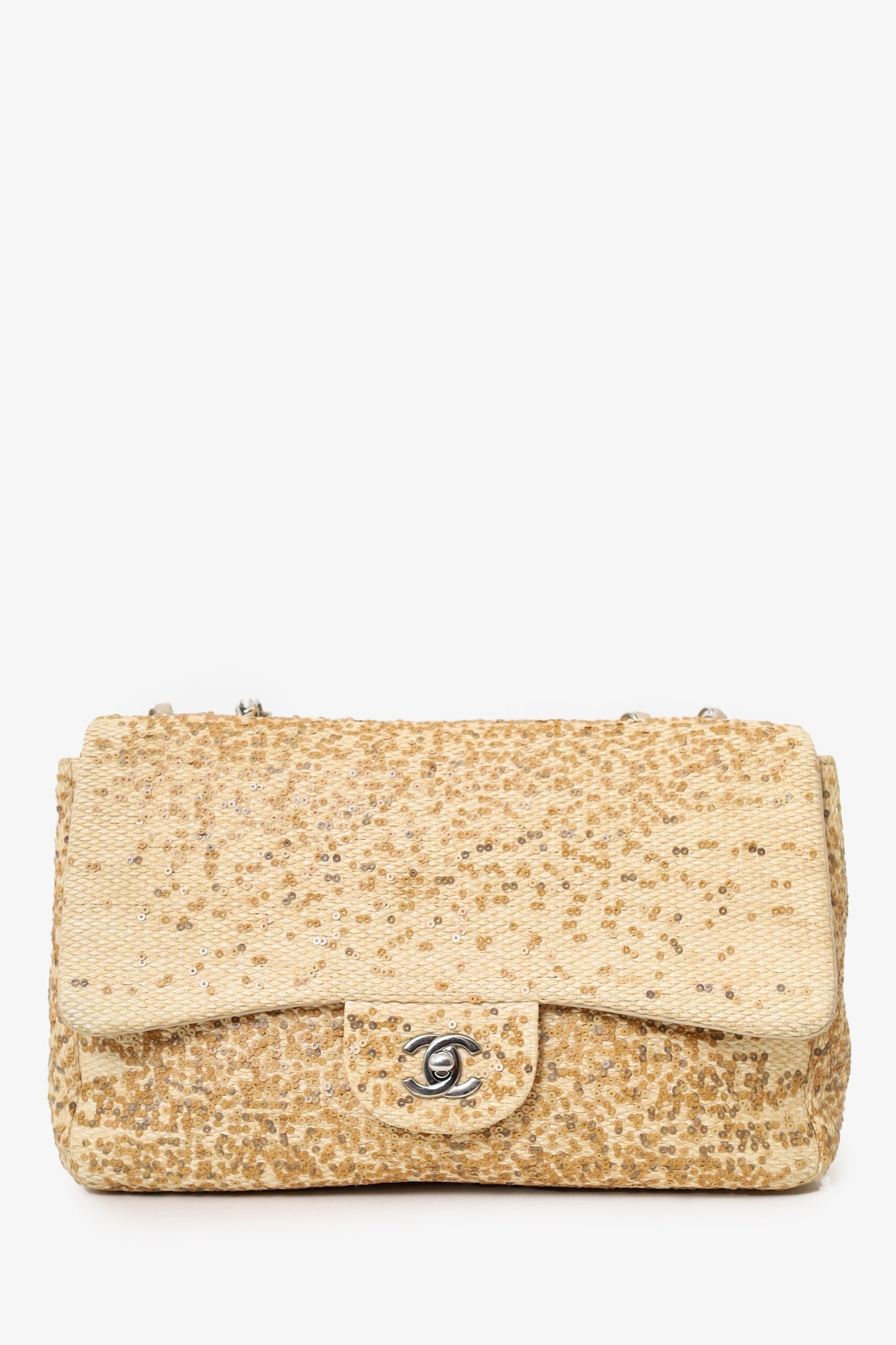 Pre-Loved Chanel™ 2013-14 Beige Raffia Sequin Small Single Flap Bag