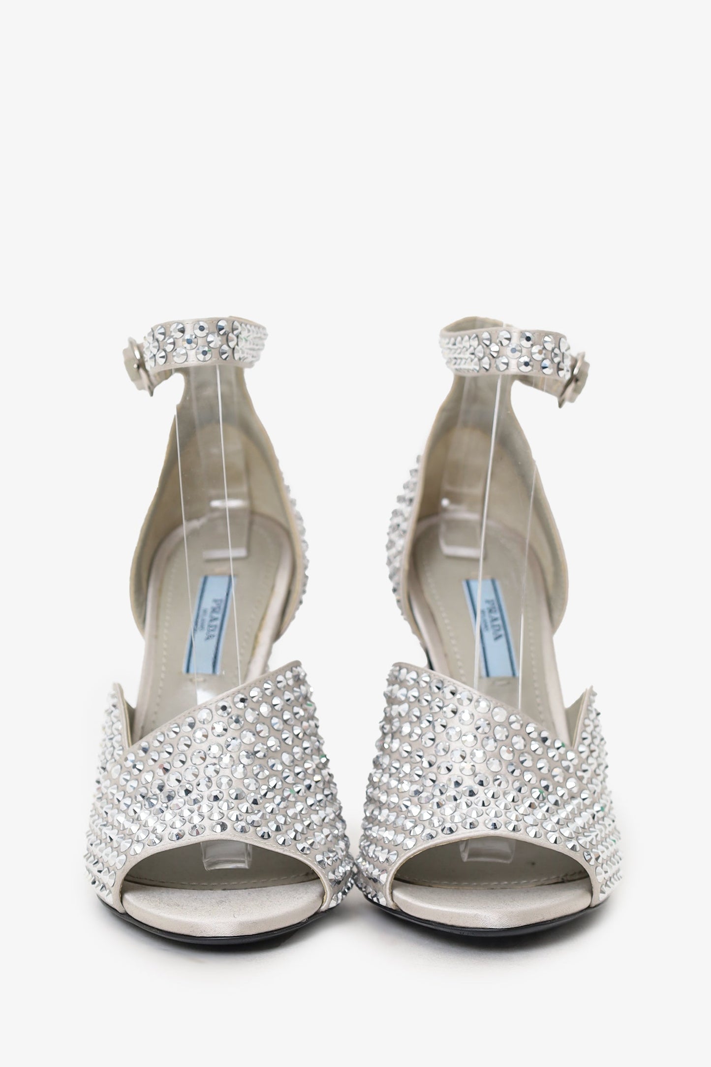 Prada Metallic Silver Crystal Embellished Strappy Heeled Sandals Size 35.5