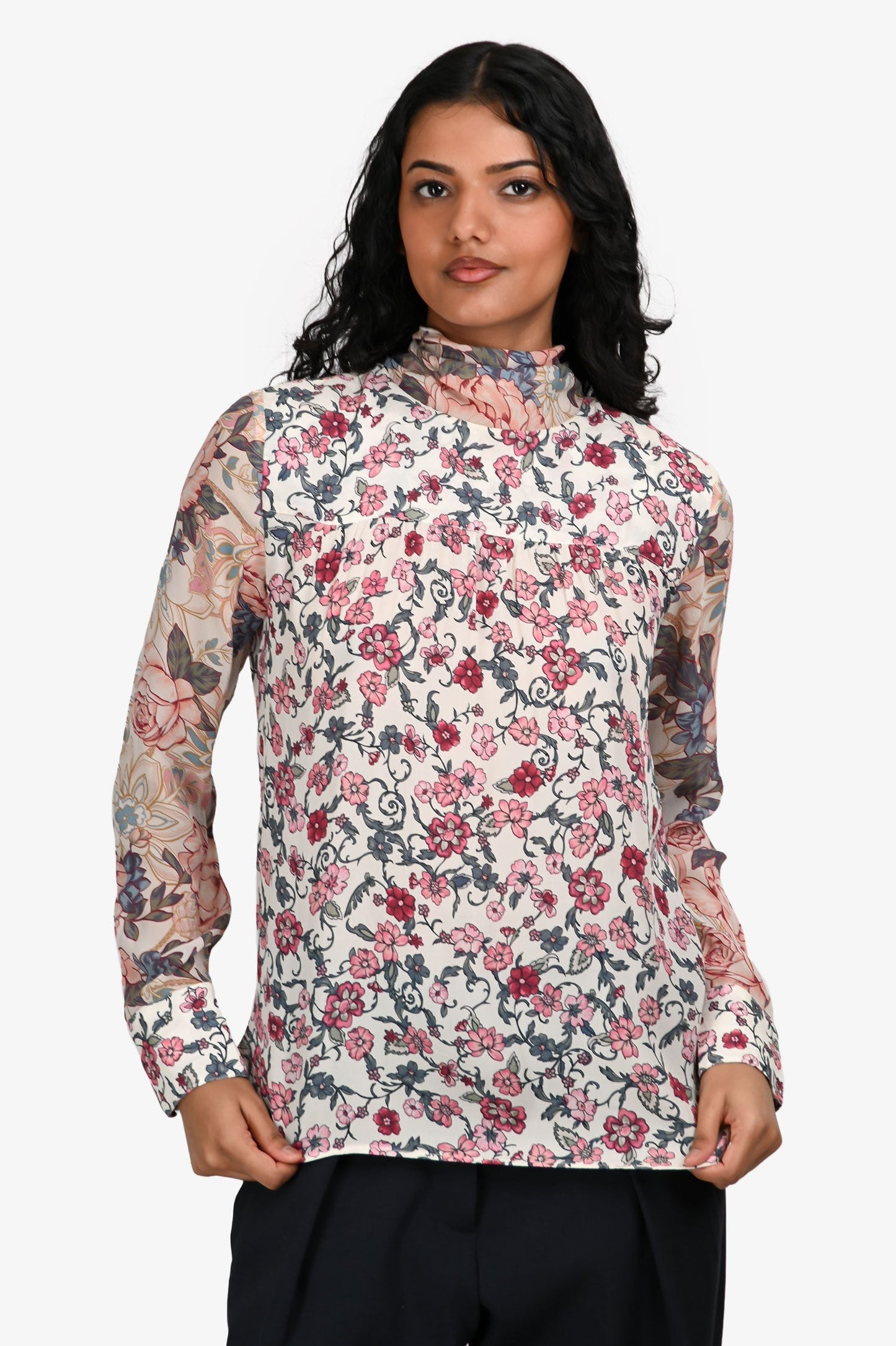 See By Chloe White/Pink Floral Print Neck Tie Detail Top Size 38