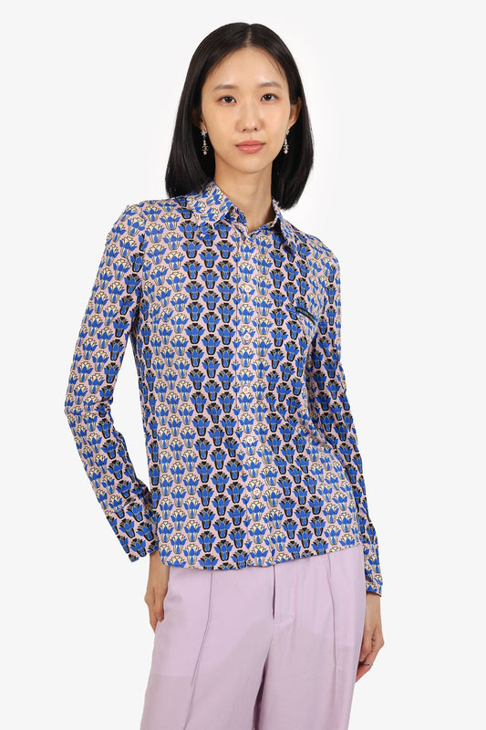 Prada Pink/Blue Floral Print Logo Pocket Shirt Estimated Size M