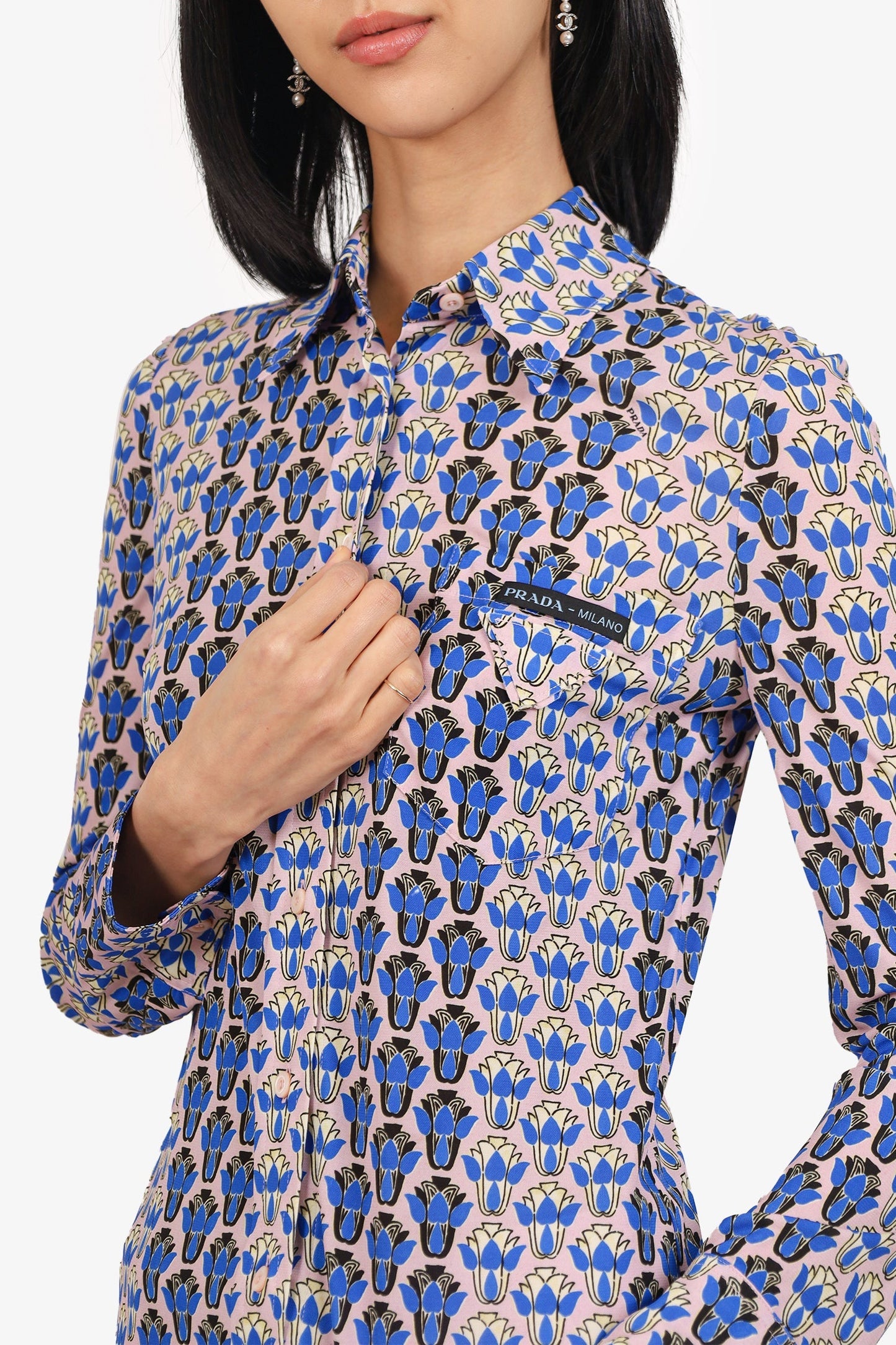 Prada Pink/Blue Floral Print Logo Pocket Shirt Estimated Size M