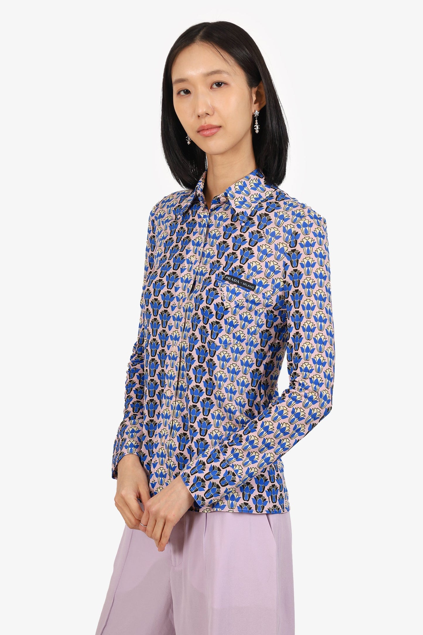 Prada Pink/Blue Floral Print Logo Pocket Shirt Estimated Size M