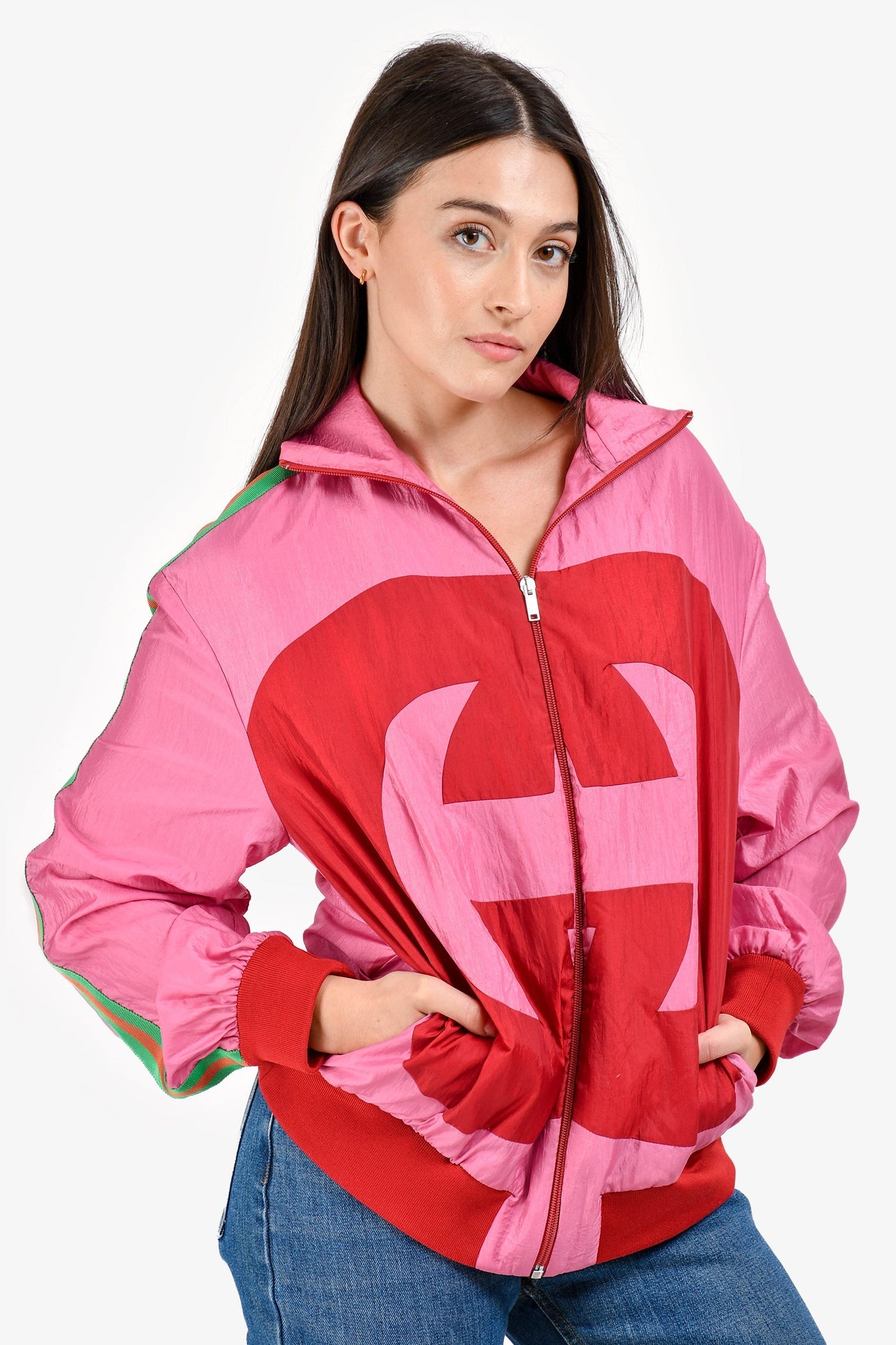 Gucci Pink/Red GG Logo Zip Up Windbreaker Size S