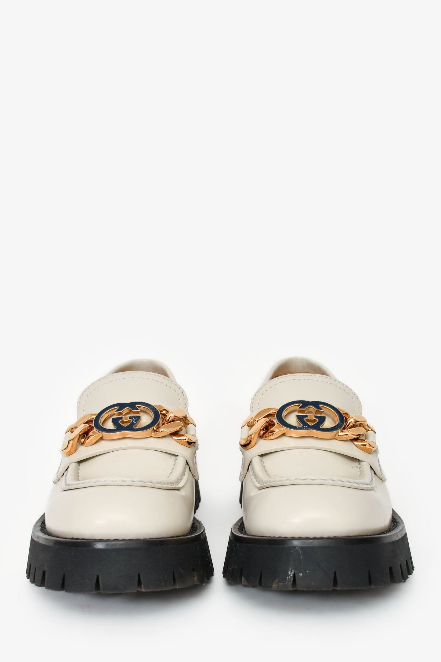 Gucci White Leather GG Chain Embellished Platform Loafers Size 38.5