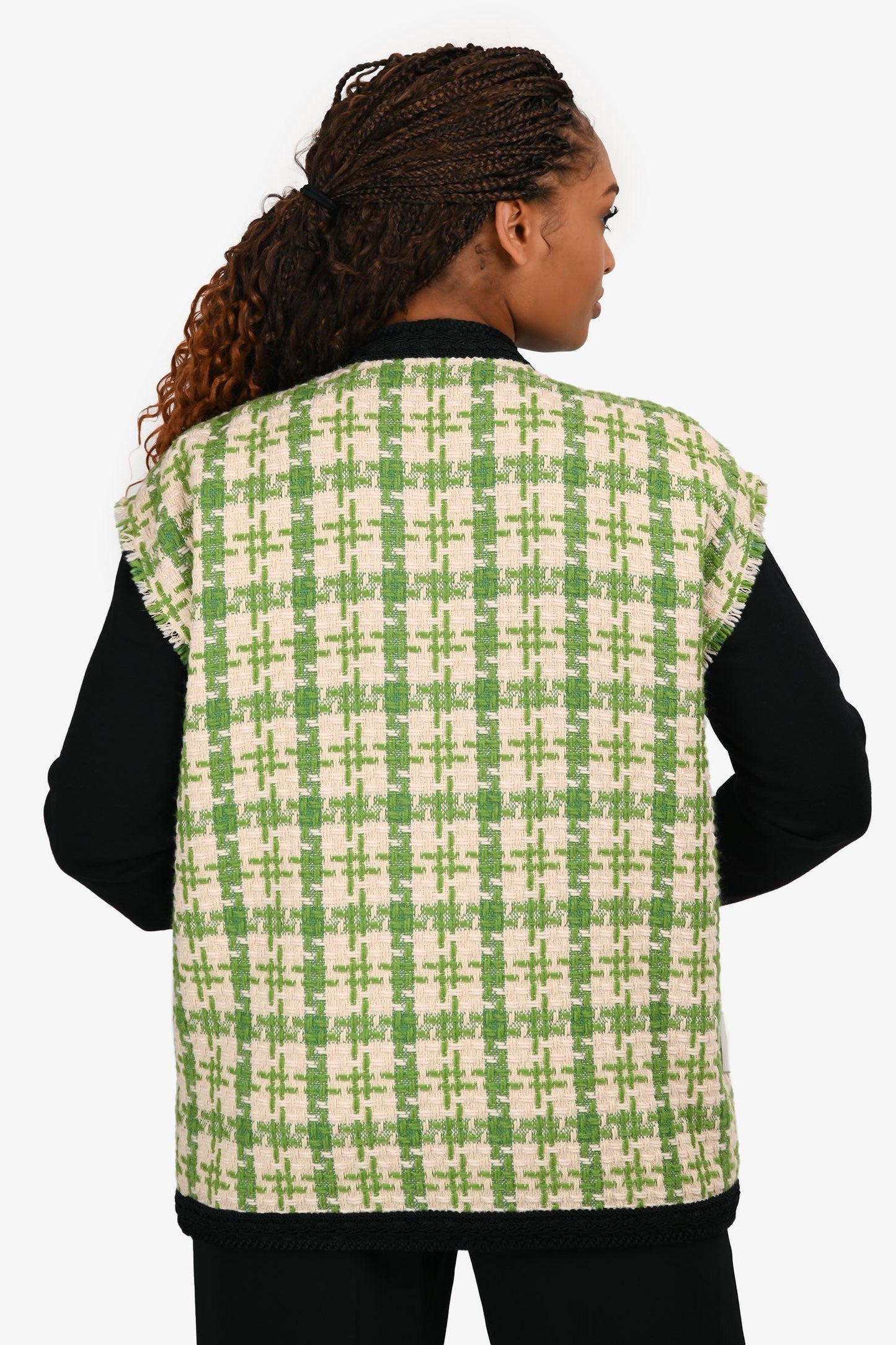 Gucci Green/White Houndstooth Wool Black Accent GG Button Up Vest Size 40