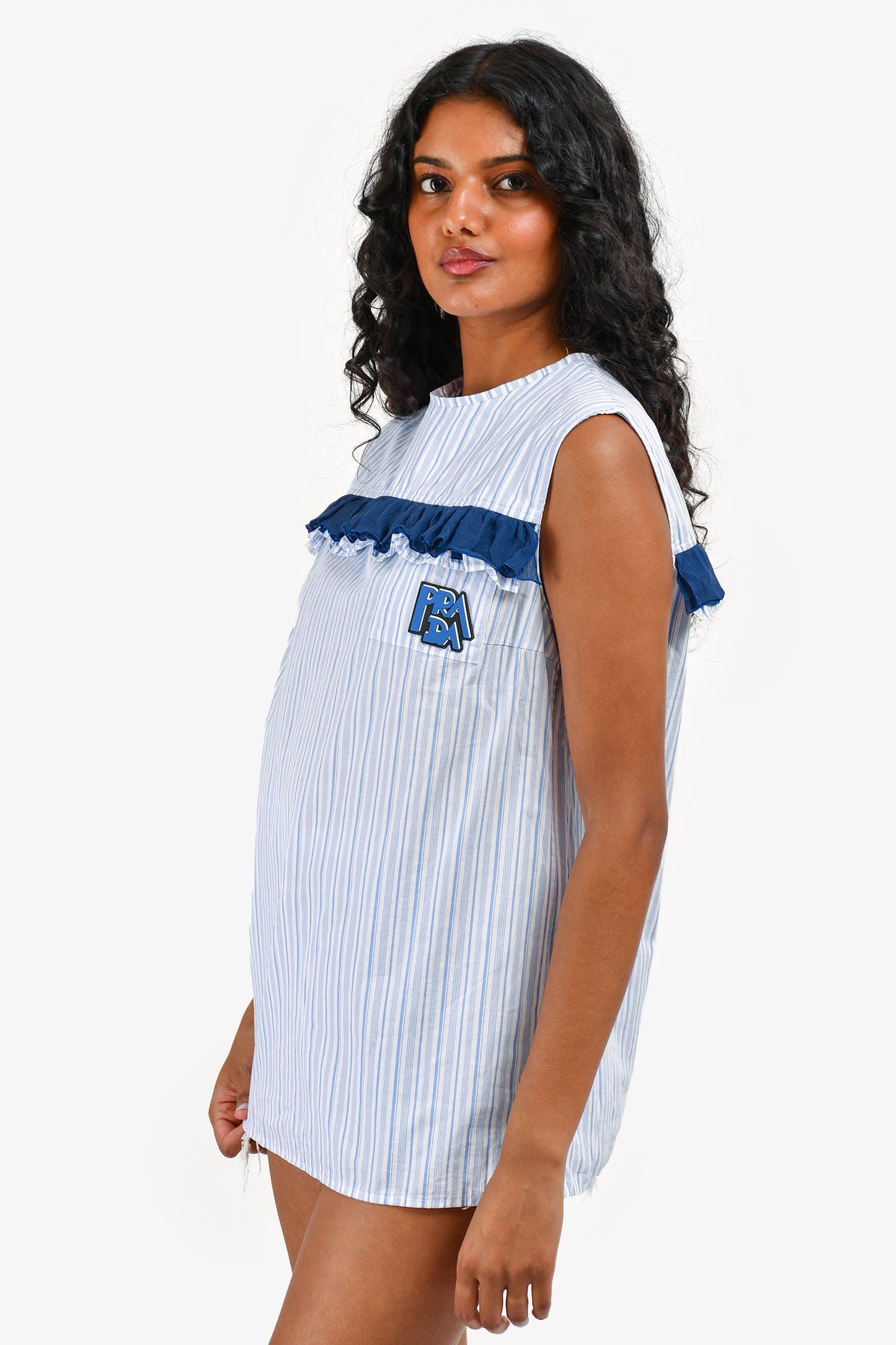 Prada White/Blue Striped Ruffled Detail Logo Applique Top Size 42