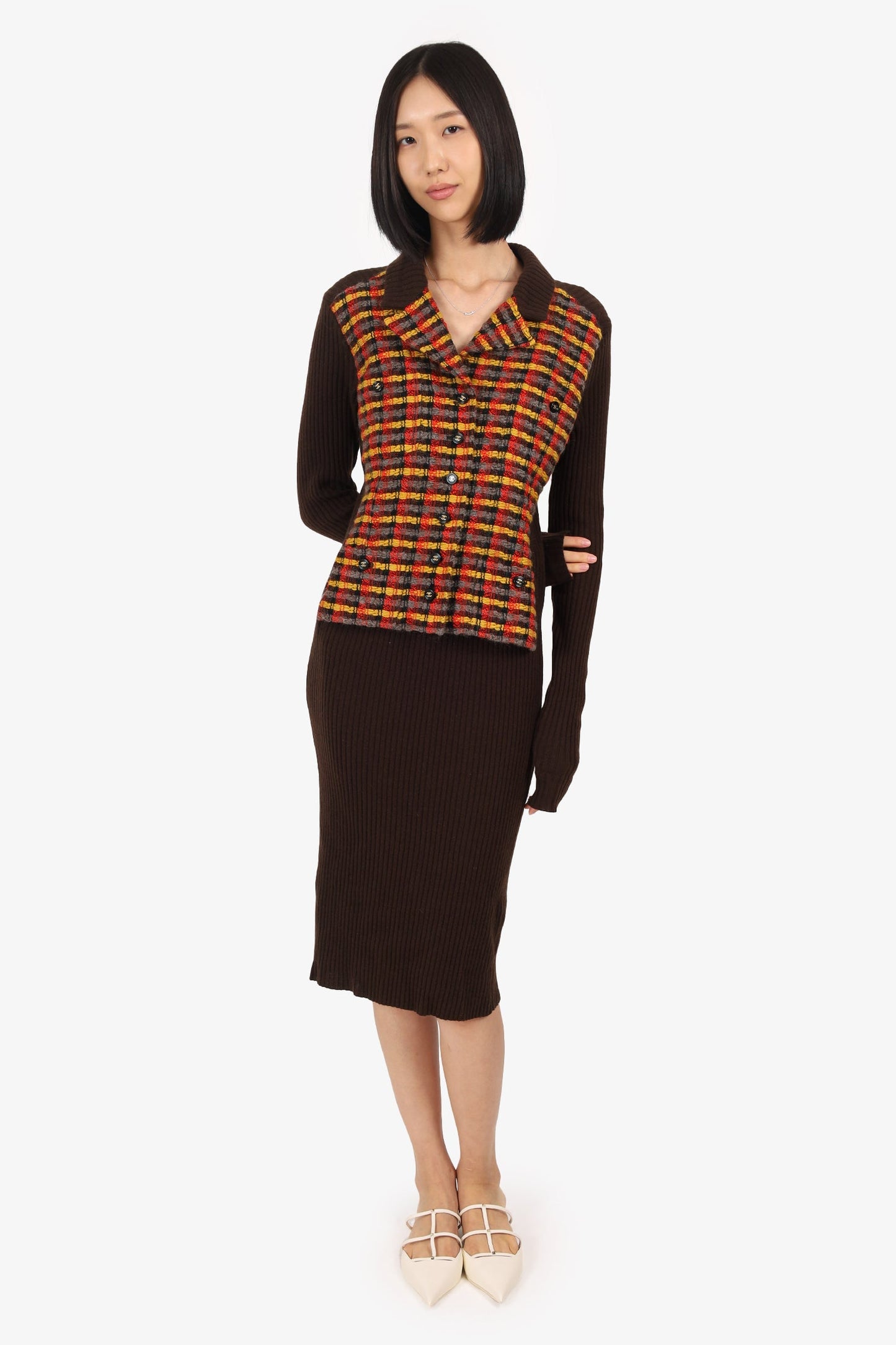 Pre-Loved Chanel™   Autumn 1995 Brown Ribbed Cashmere/Yellow Tweed Jacket Dress Size 38