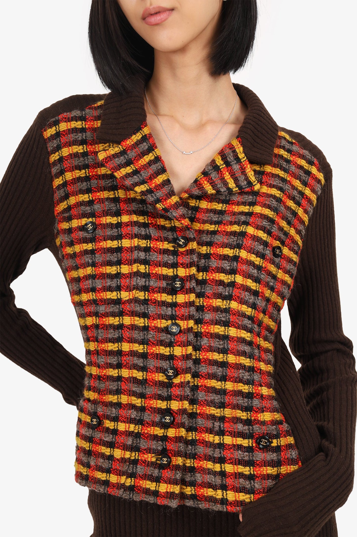Pre-Loved Chanel™   Autumn 1995 Brown Ribbed Cashmere/Yellow Tweed Jacket Dress Size 38