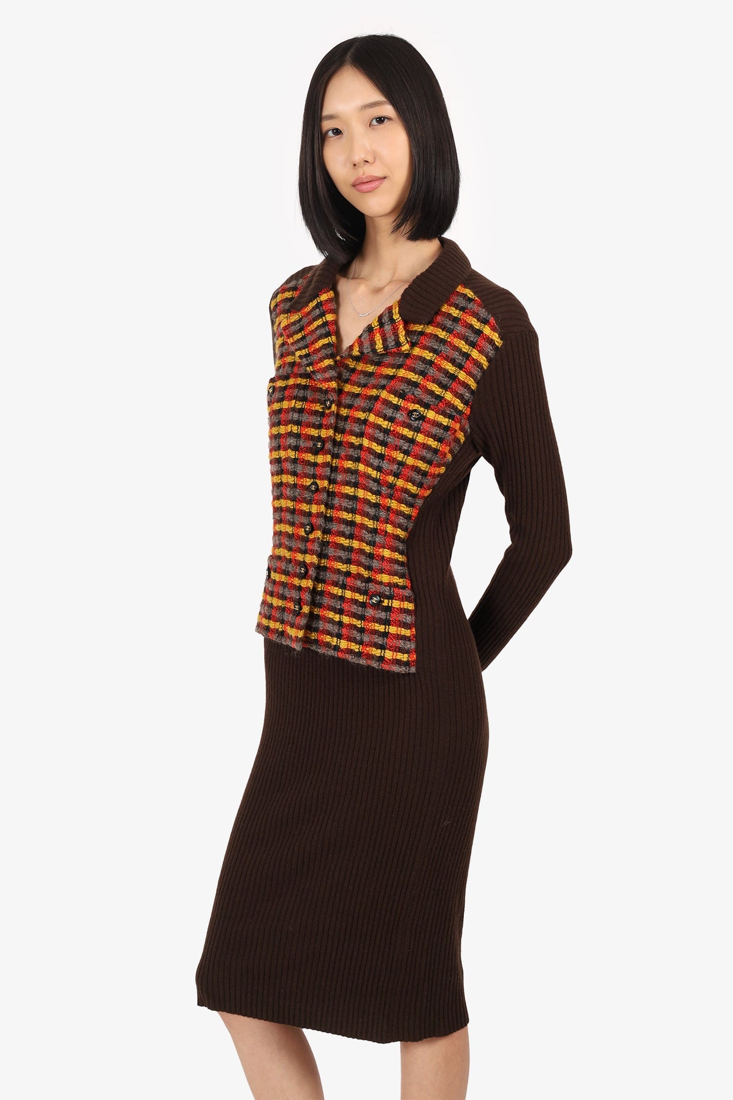 Pre-Loved Chanel™   Autumn 1995 Brown Ribbed Cashmere/Yellow Tweed Jacket Dress Size 38