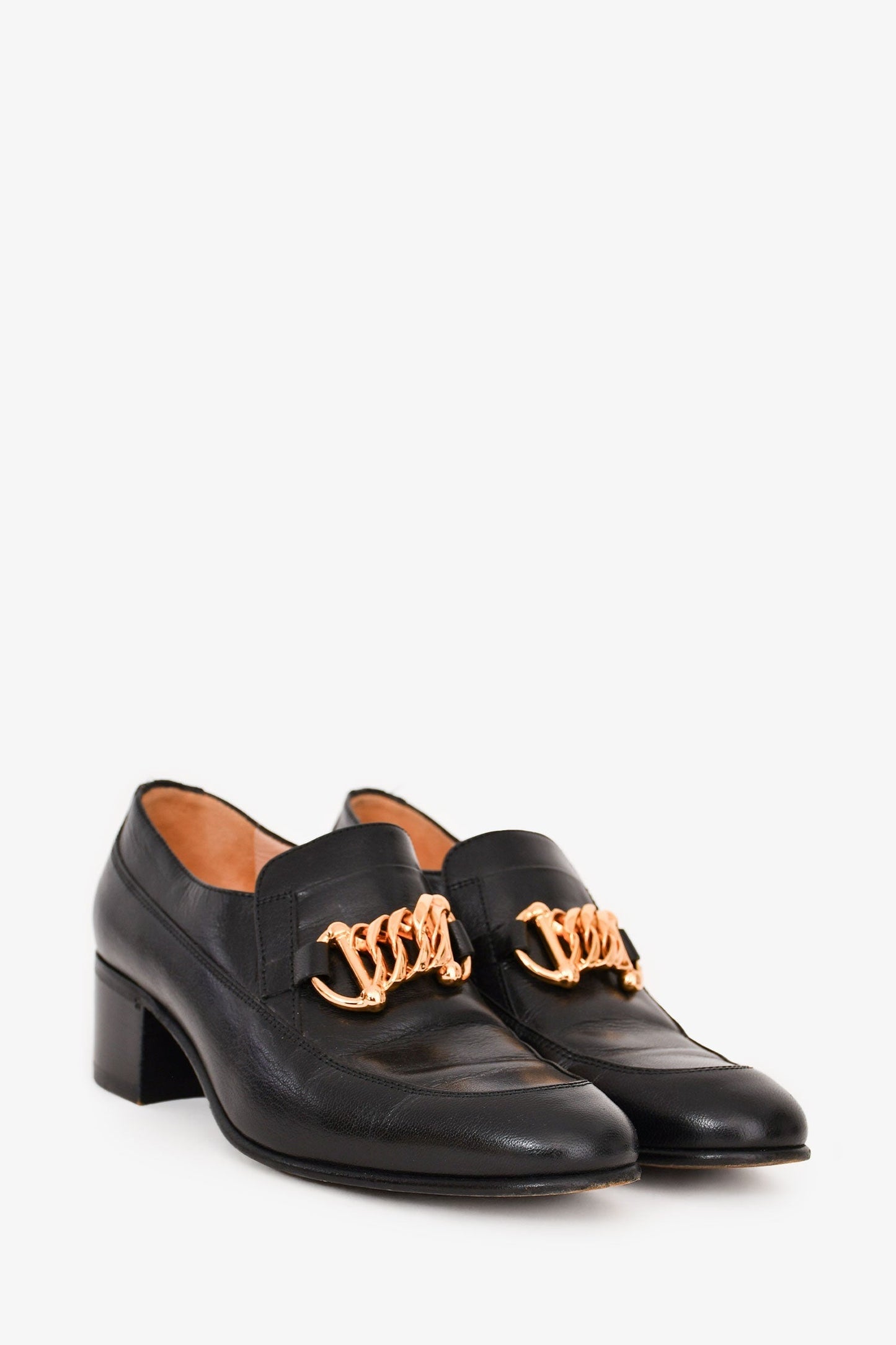 Gucci Black Leather Gold Chain 'Ice Lolly' Block Heels Size 36.5