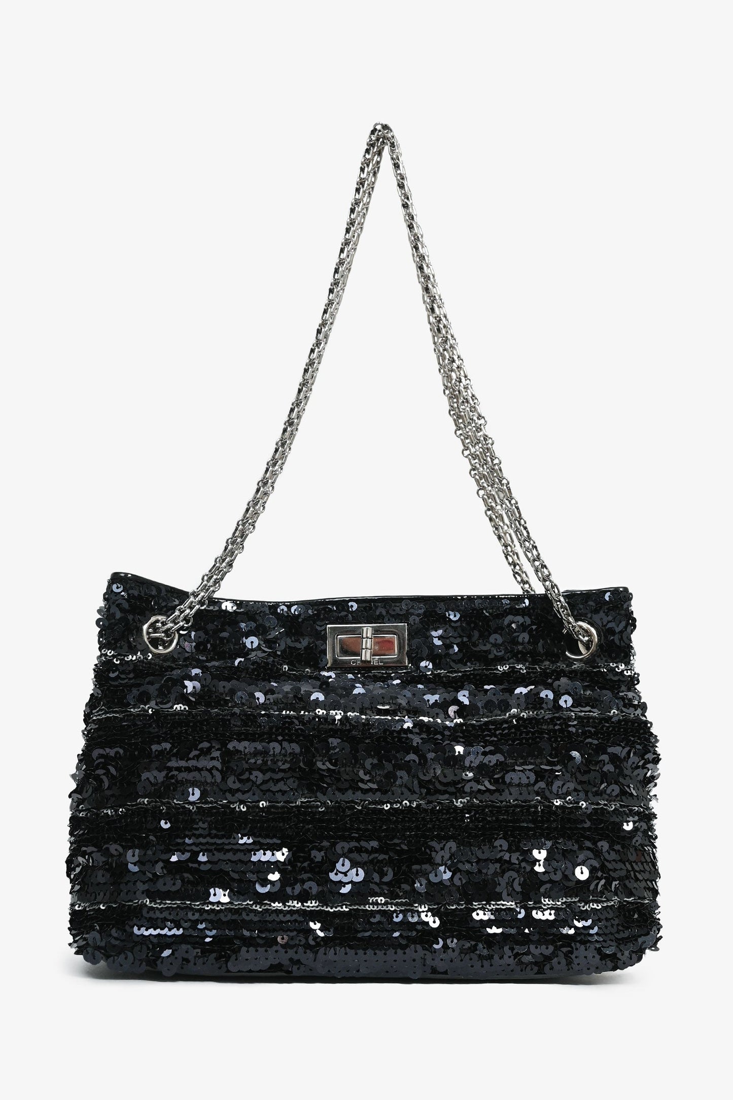 Pre-Loved Chanel™ 2011 Black Striped Sequins and Patent Leather Small Reissue Shoulder Bag
