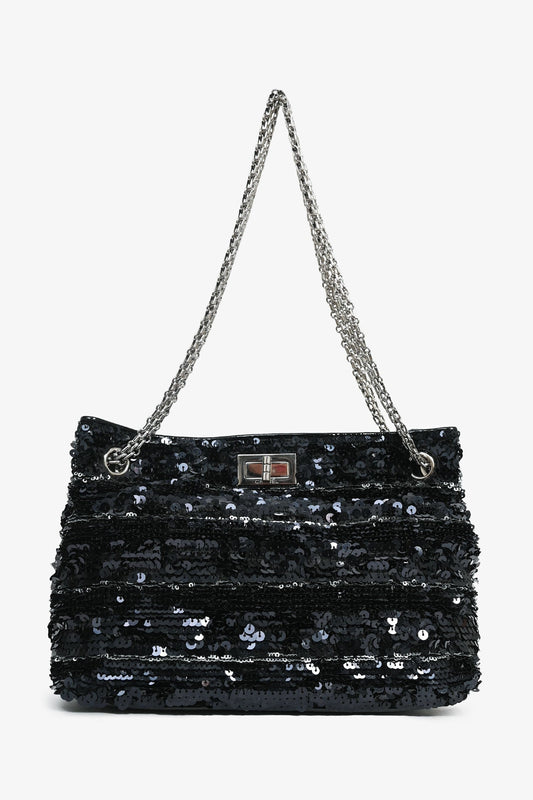 Pre-Loved Chanel™ 2011 Black Striped Sequins and Patent Leather Small Reissue Shoulder Bag