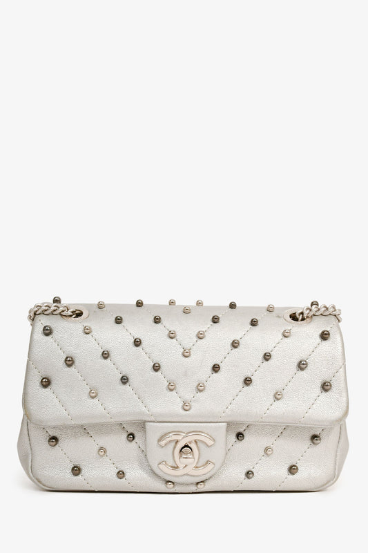 Pre-Loved Chanel™ 2017 Silver Chevron 'Stud Wars Mini Rectangular Flap' Shoulder Bag