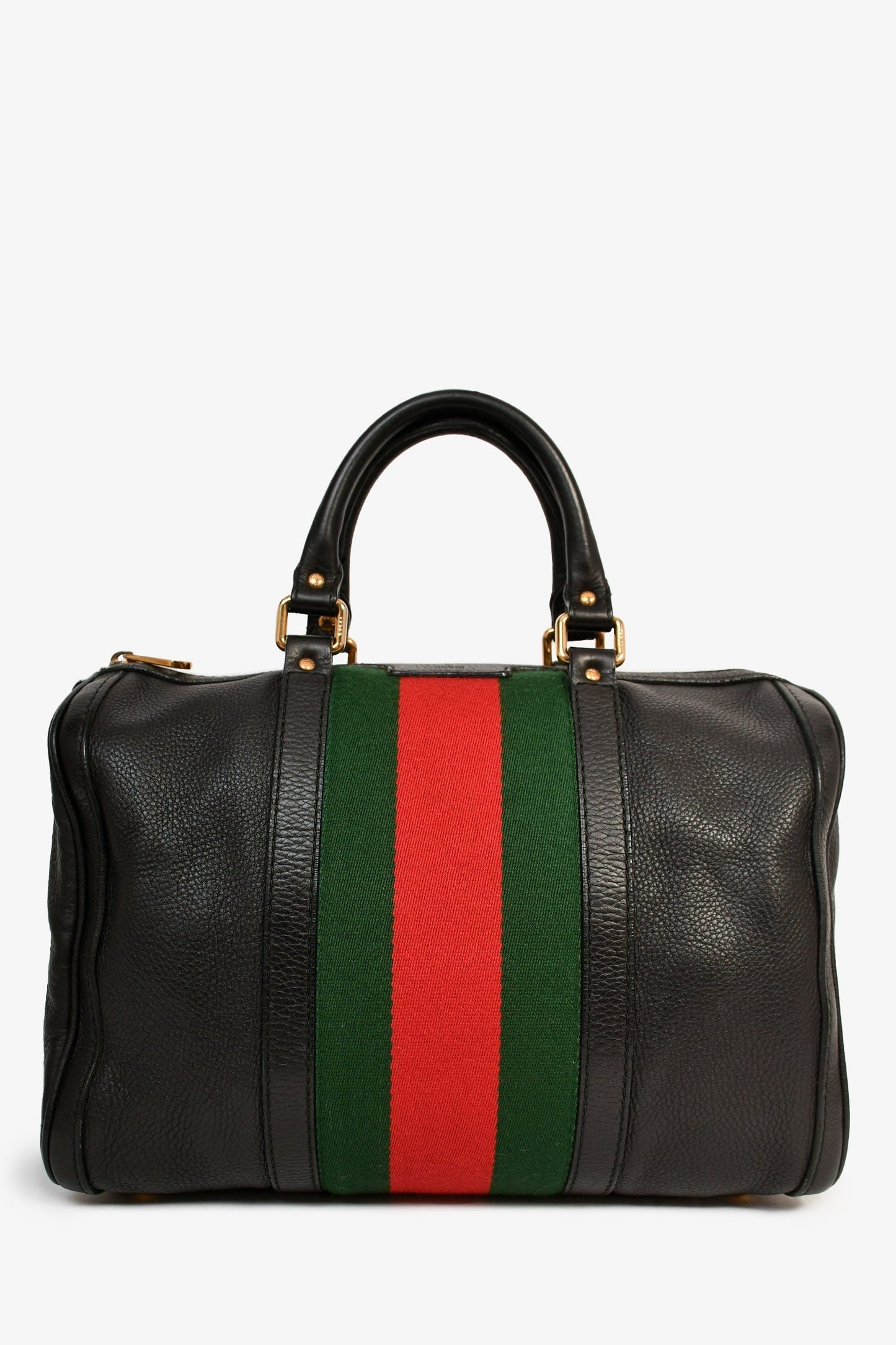 Gucci Black Pebbled Leather Red/Green Striped Bowler Bag with Strap (As Is)