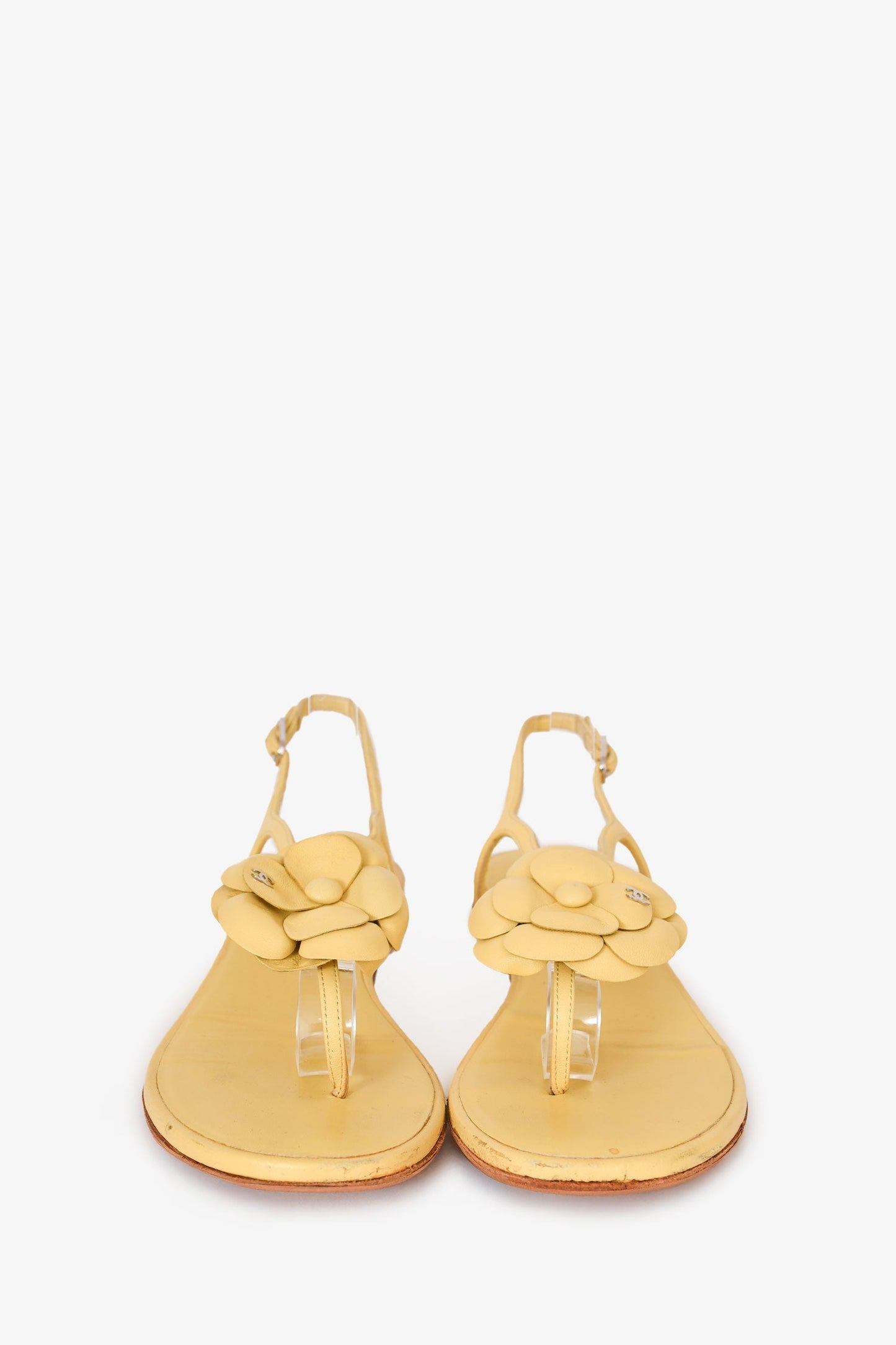 Pre-Loved Chanel™ Yellow Leather Camellia Flower Sandals Size 38.5