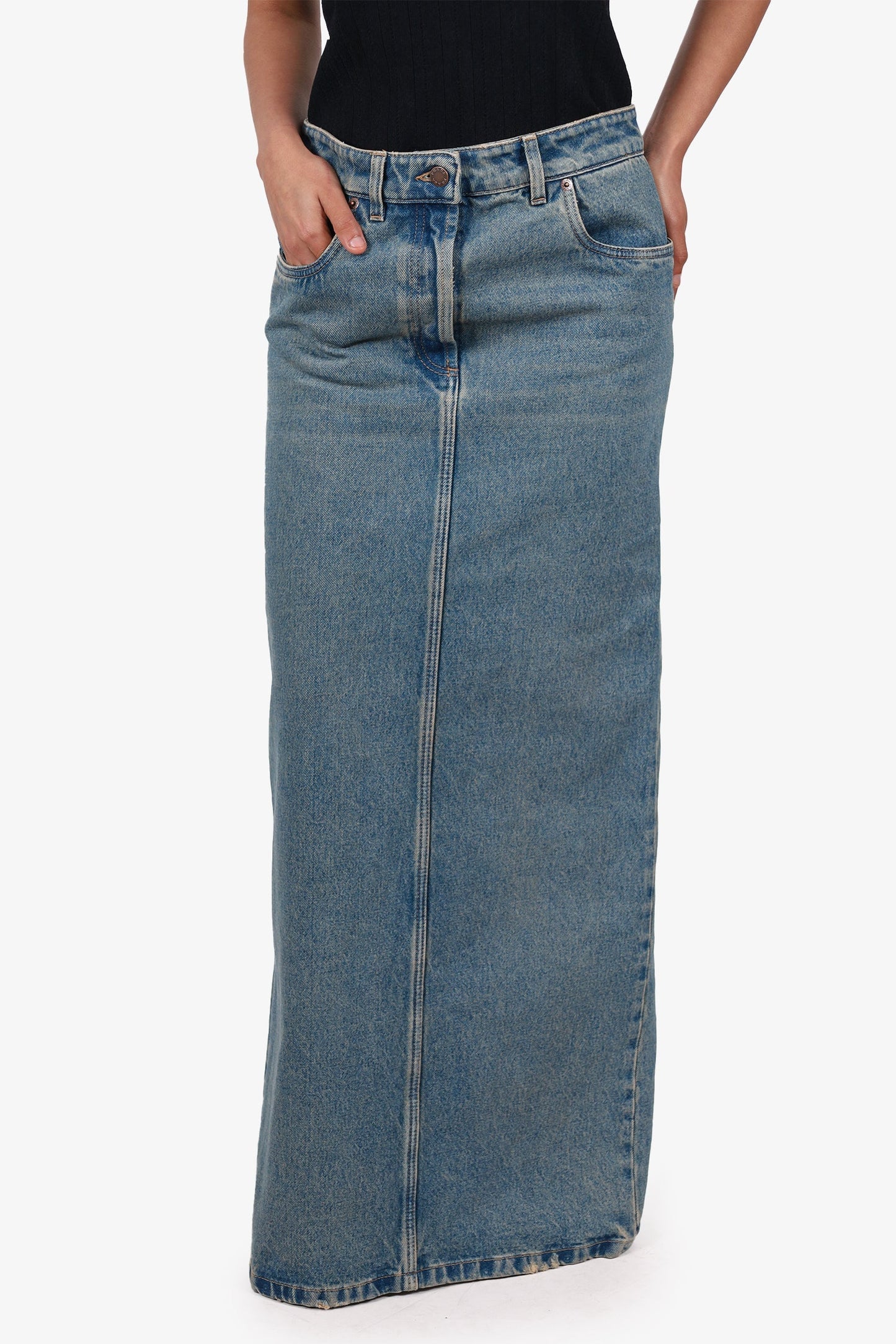 Prada Blue Denim Triangle Logo Maxi Skirt Size 38 (As Is)