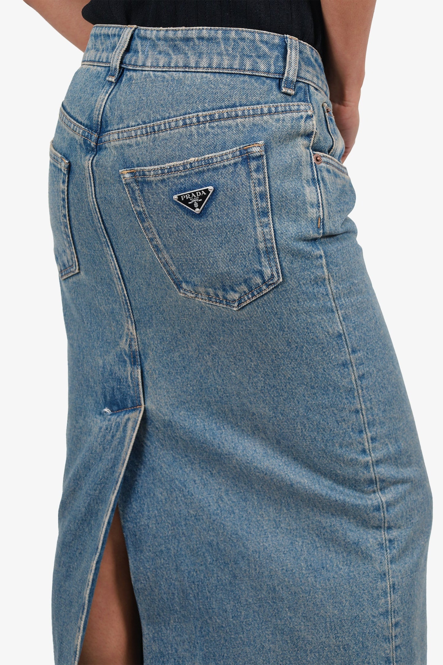 Prada Blue Denim Triangle Logo Maxi Skirt Size 38 (As Is)