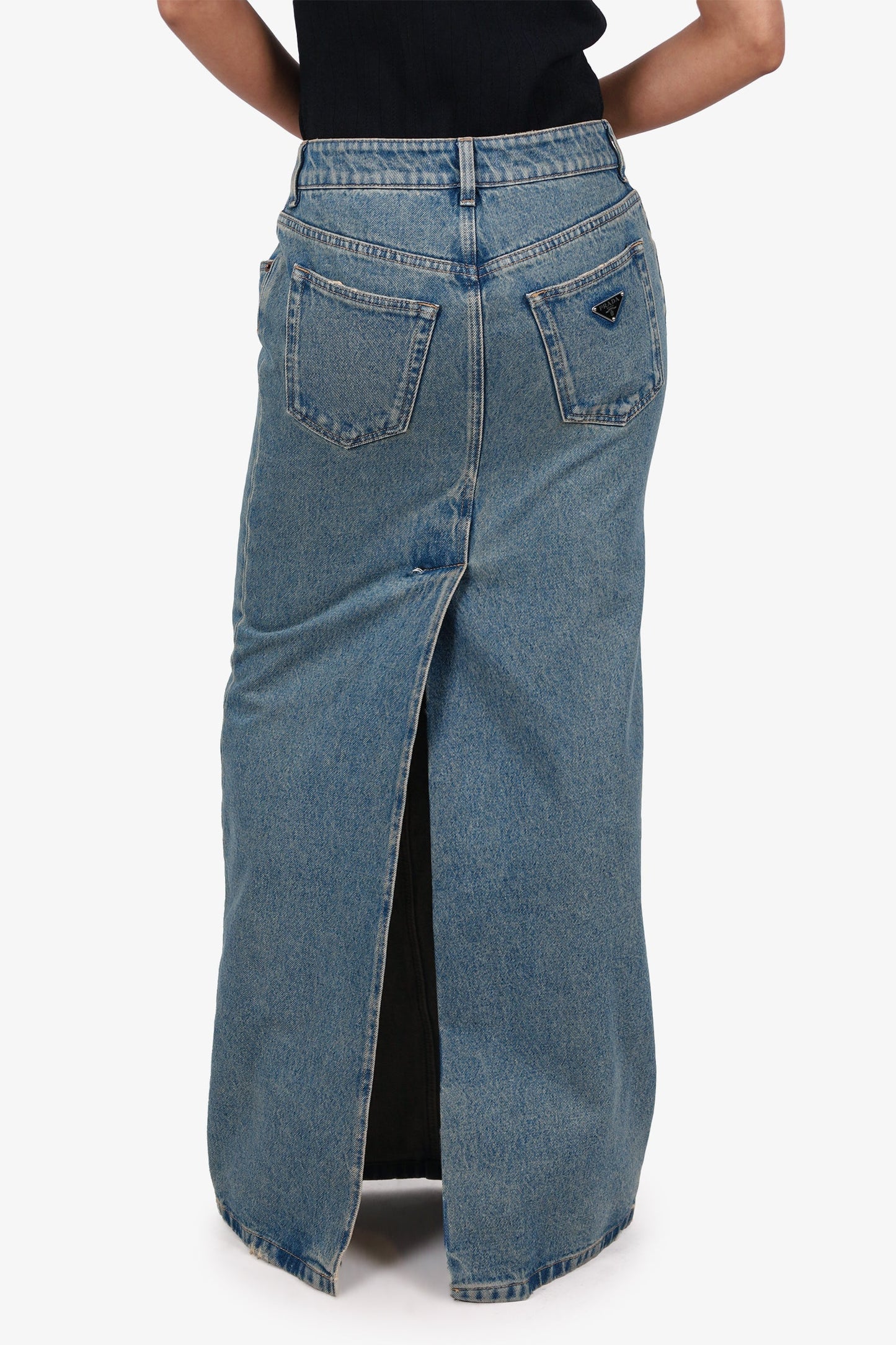 Prada Blue Denim Triangle Logo Maxi Skirt Size 38 (As Is)