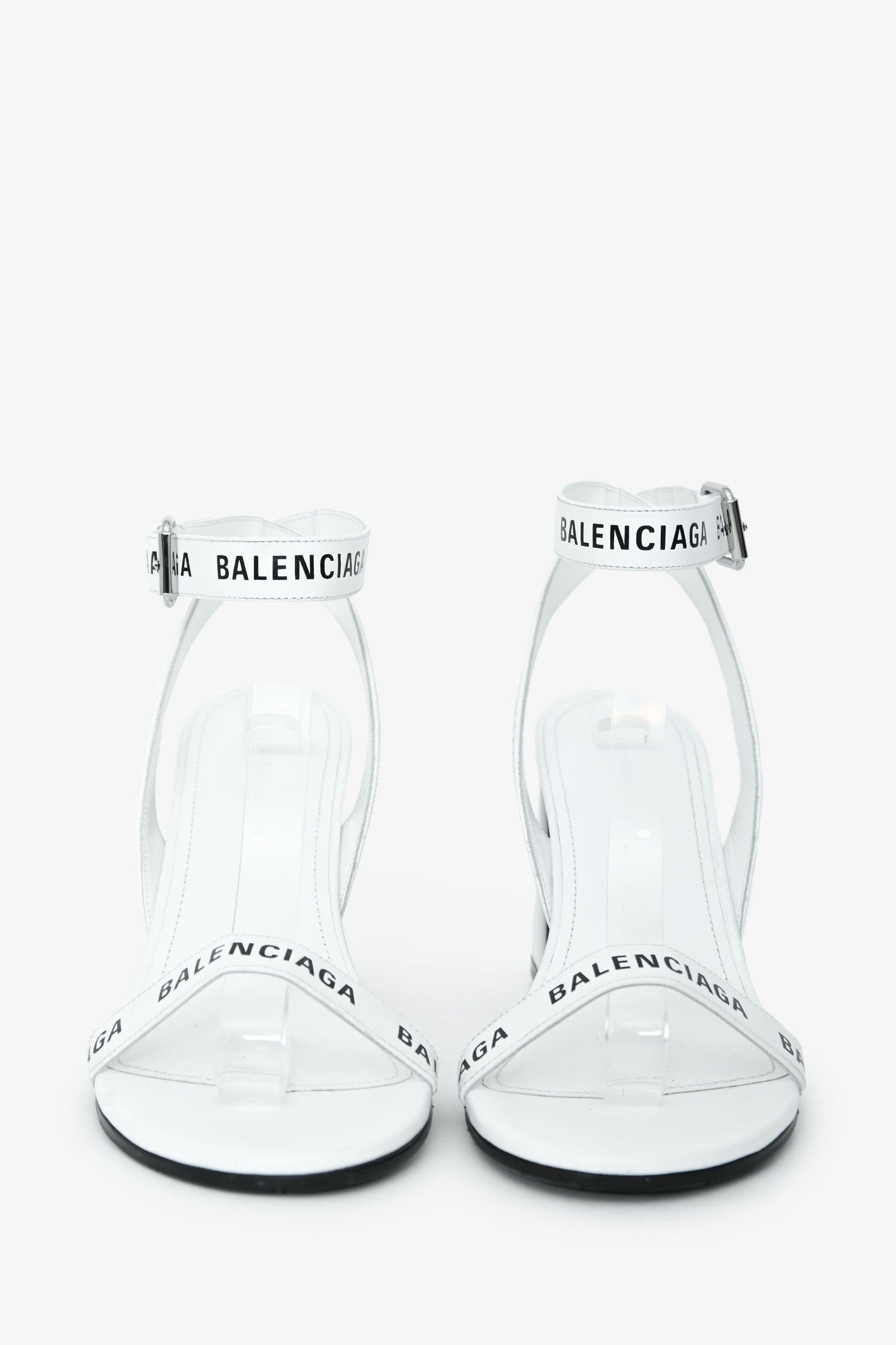 Balenciaga White Leather Logo Ankle Strap Heeled Sandals Size 39