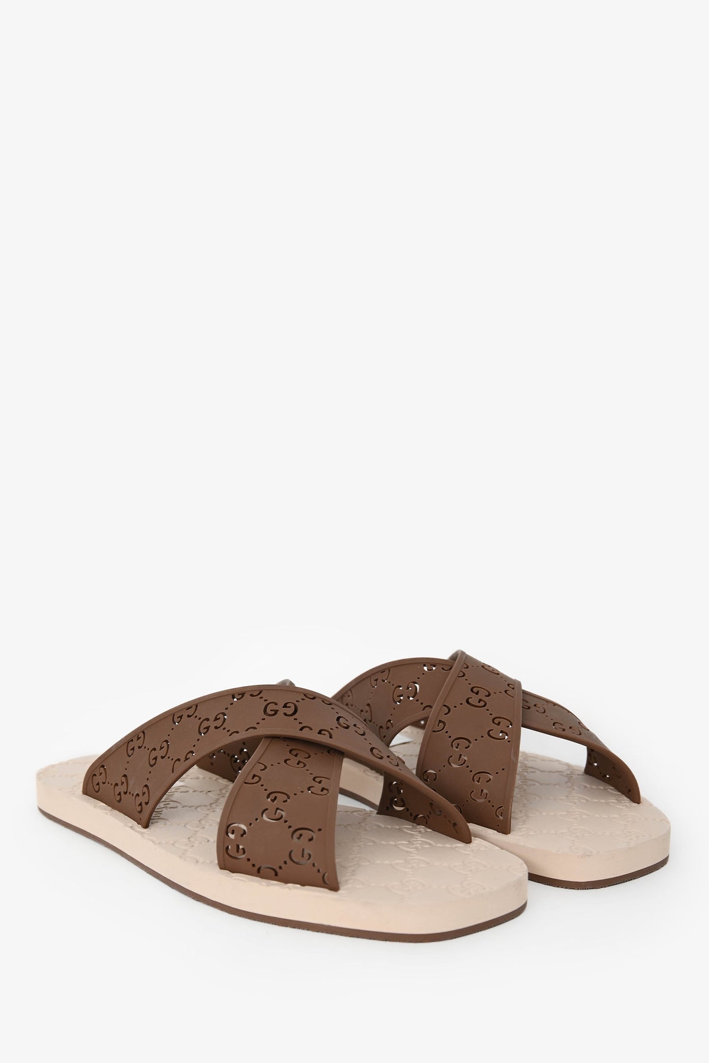 Gucci Brown/Tan GG Rubber Criss Cross Slides Size 11 Mens