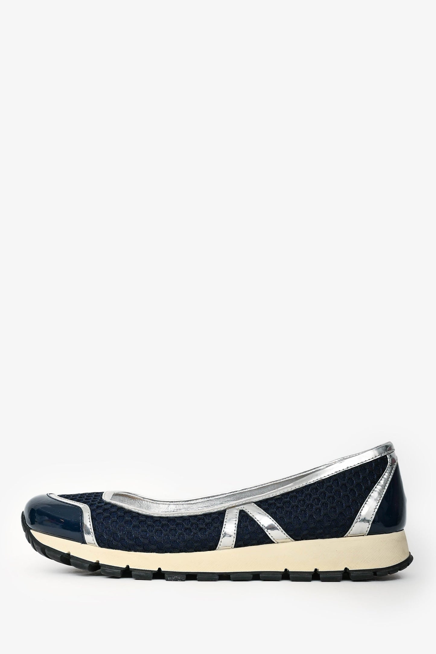 Prada Navy/Silver Metallic Leather Sneaker Pumps Size 41