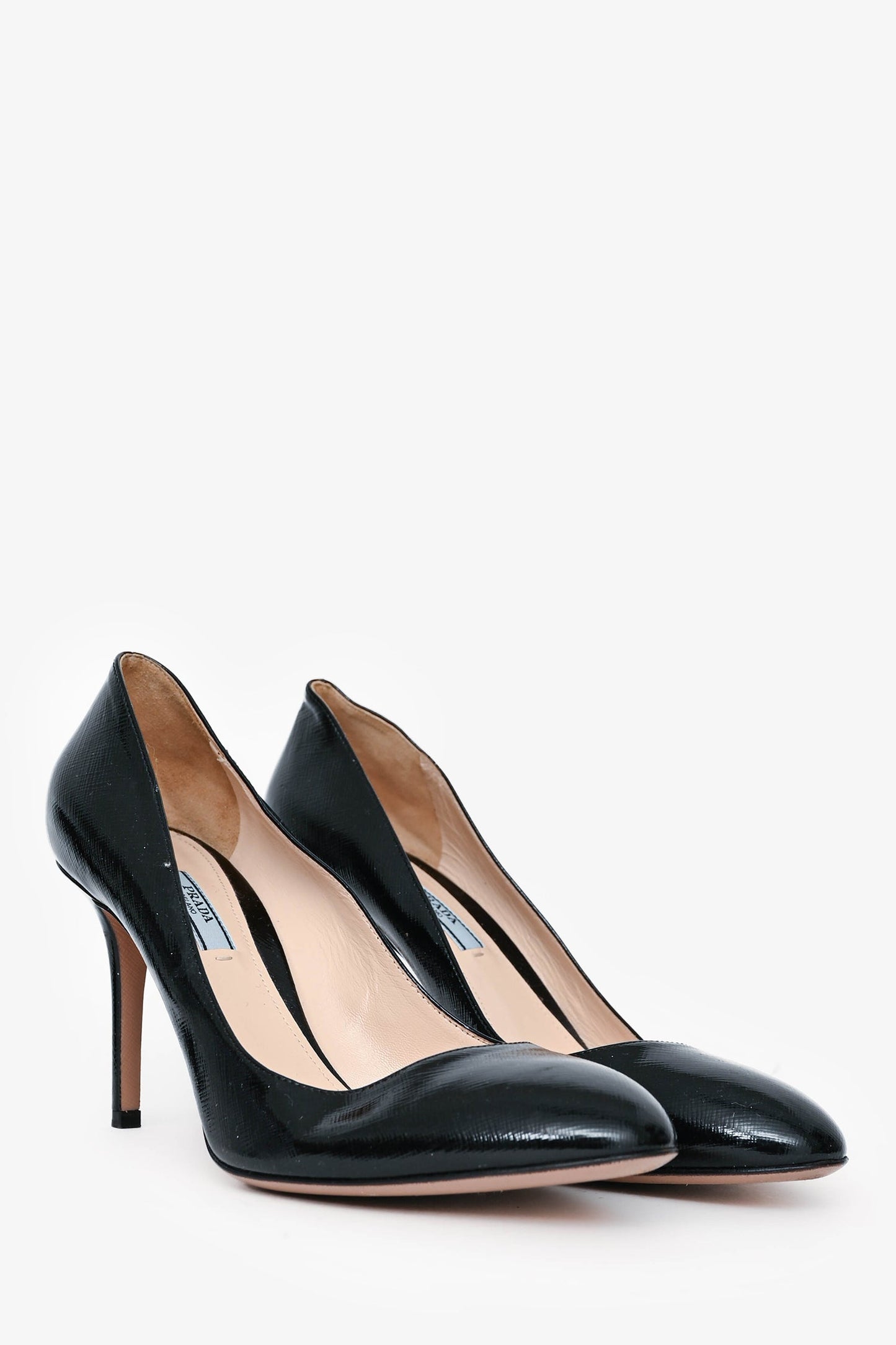 Prada Black Coated Saffiano Leather Pump Heels Size 40.5