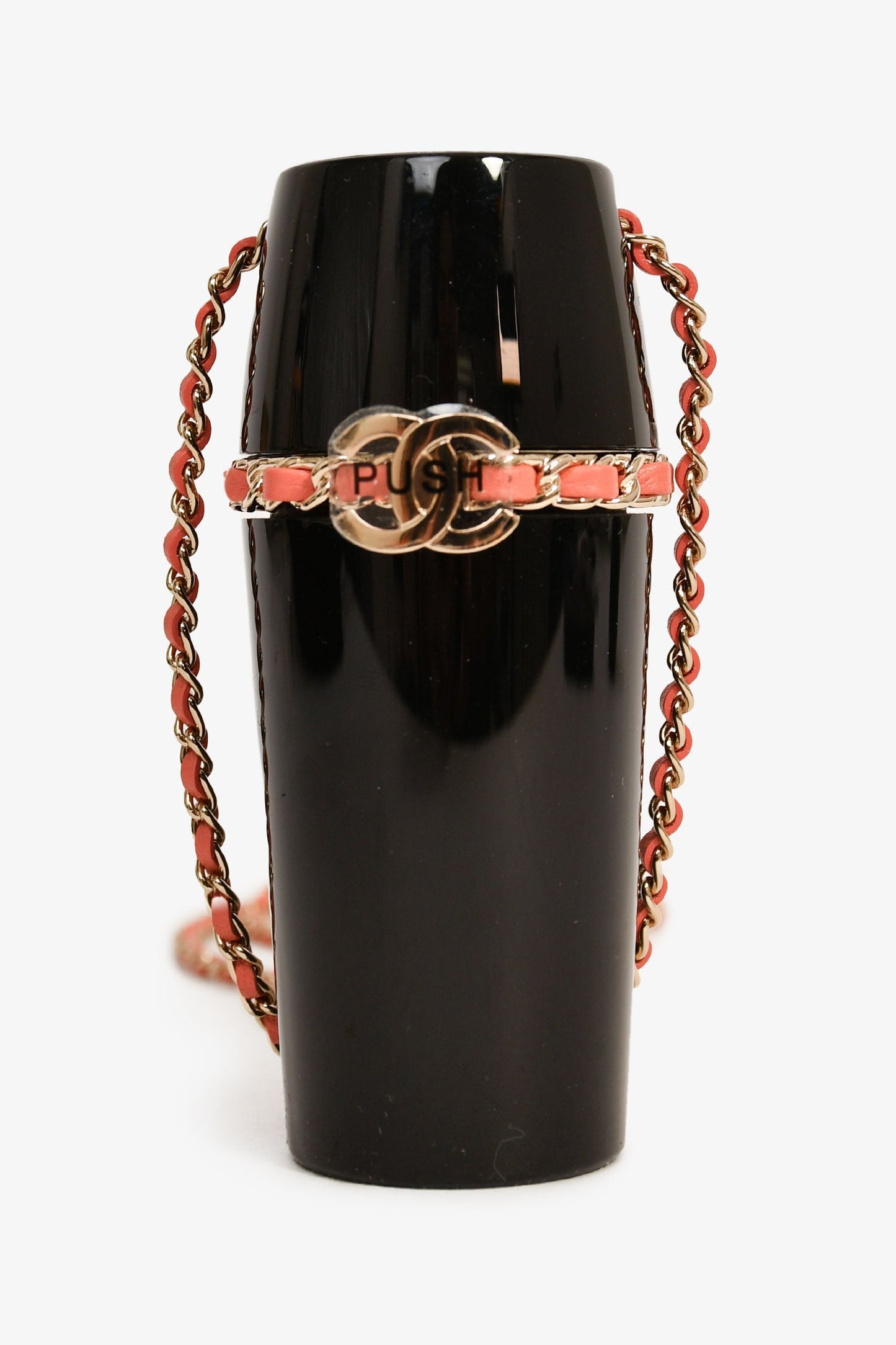 Pre-Loved Chanel™ Black Lucite Leather Pink Chain Trim Lipstick Case Necklace