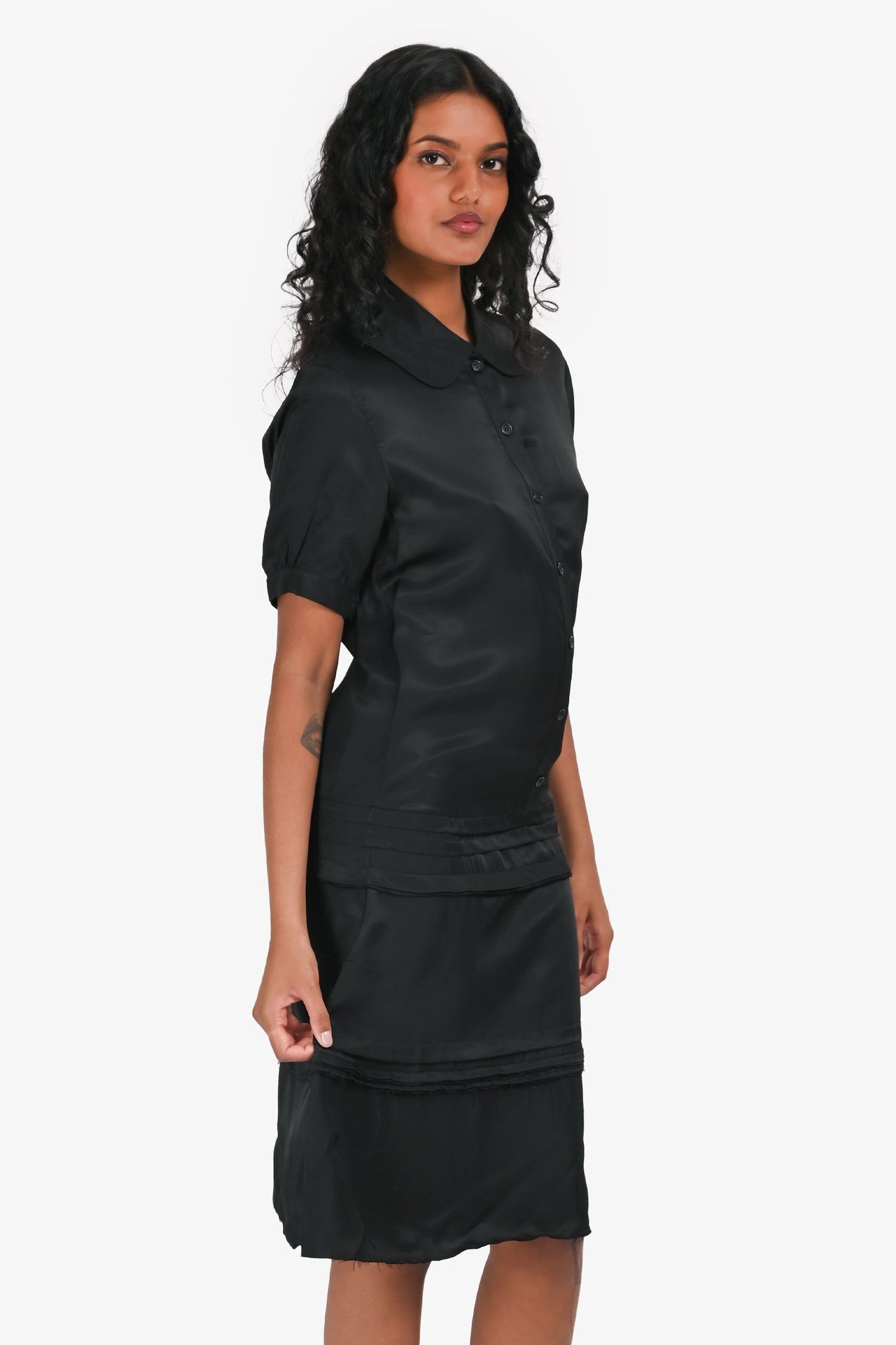 Celine Black Collared Frayed Short Sleeves Button Down Dress Size 36