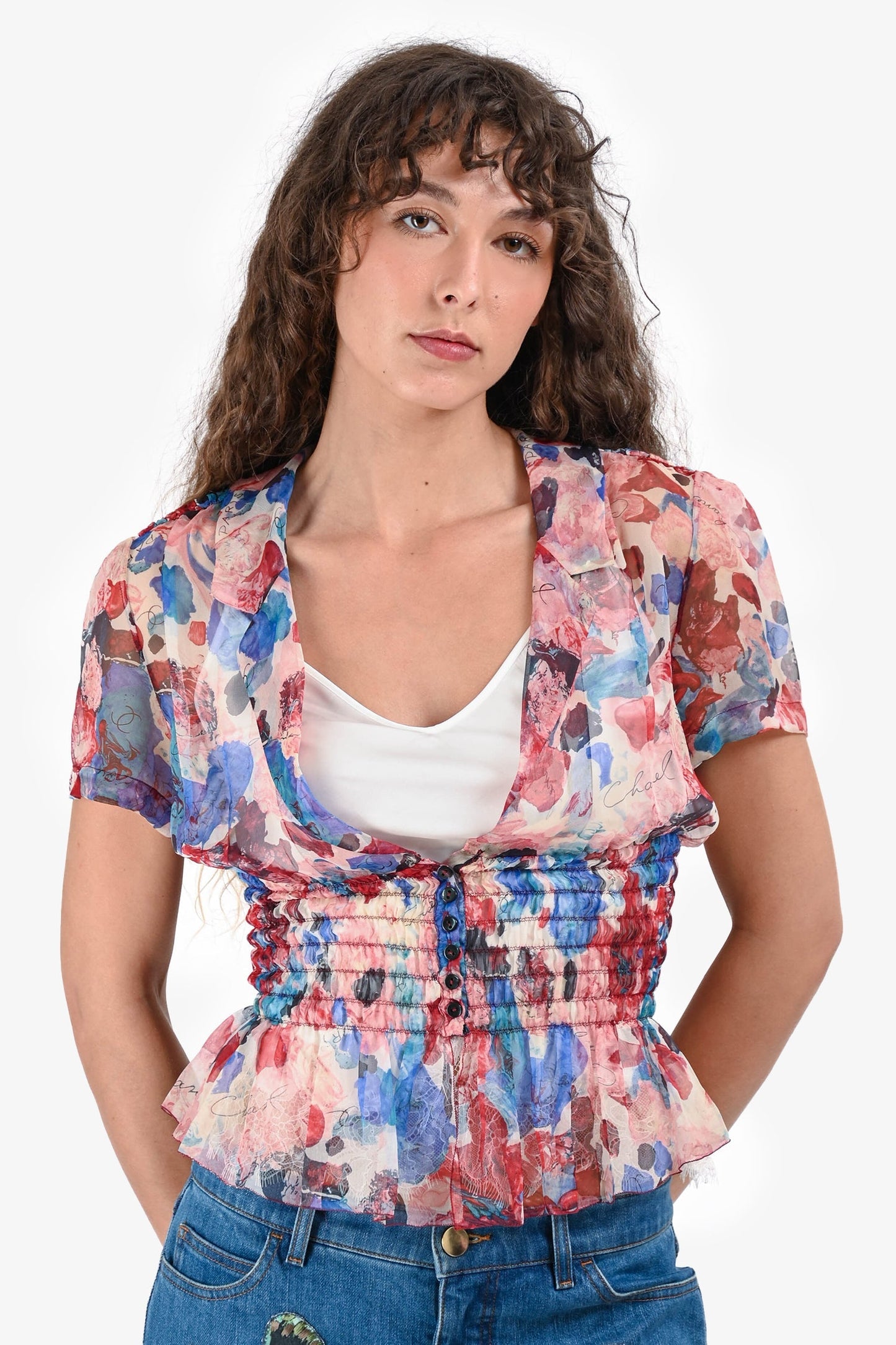 Pre-Loved Chanel™ Pink/Blue Floral Silk Sheer Blo  Size 38