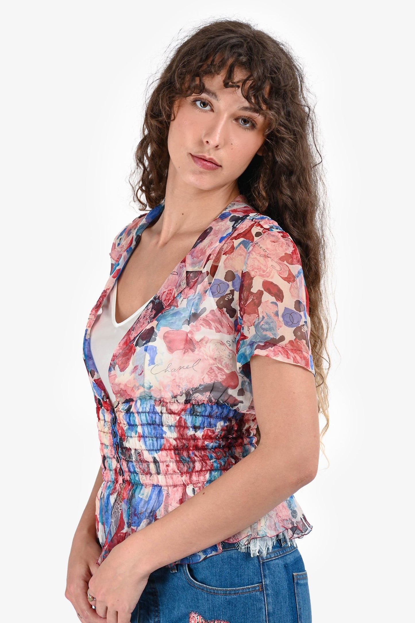 Pre-Loved Chanel™ Pink/Blue Floral Silk Sheer Blo  Size 38