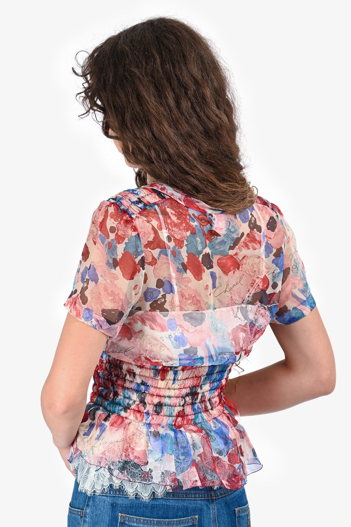 Pre-Loved Chanel™ Pink/Blue Floral Silk Sheer Blo  Size 38