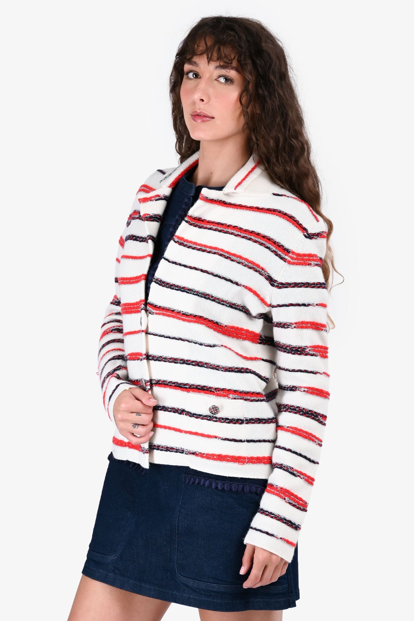 Chanel 2020 White/Red Striped Cashmere Cardigan sz 40