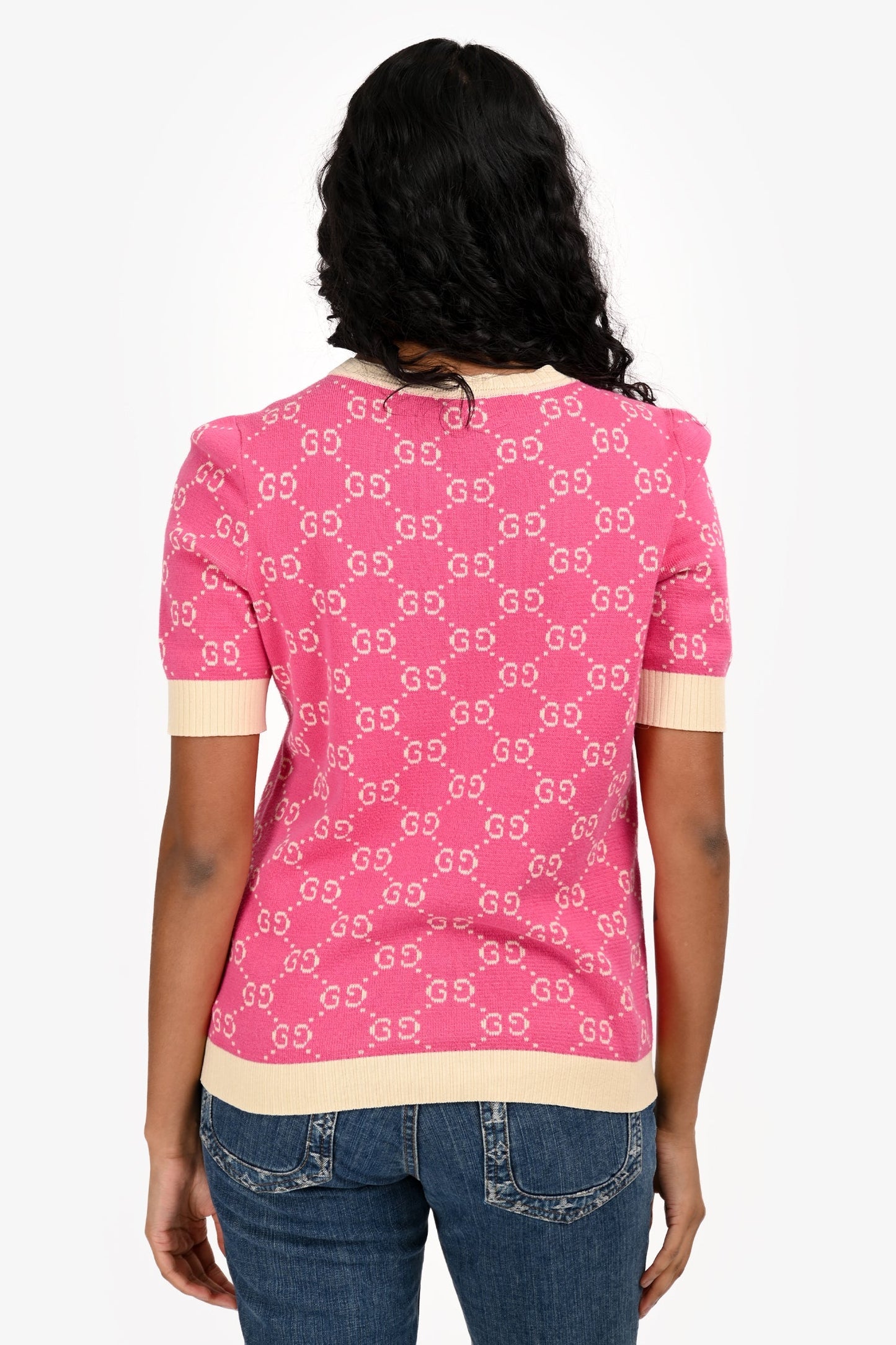 Gucci Pink/Beige GG Jacquard Knit Top Size S