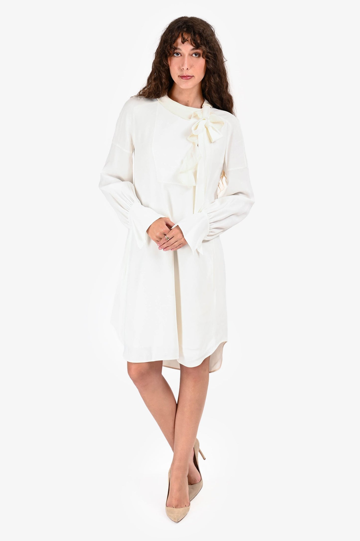 Chloe White Satin Ruffle Tie Detail Long Sleeves Dress Size 34