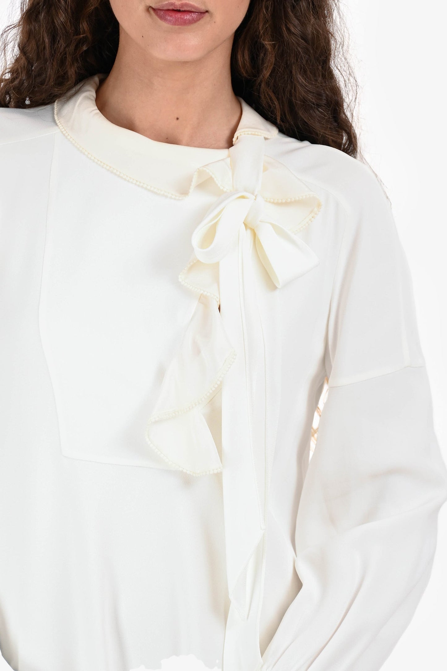 Chloe White Satin Ruffle Tie Detail Long Sleeves Dress Size 34