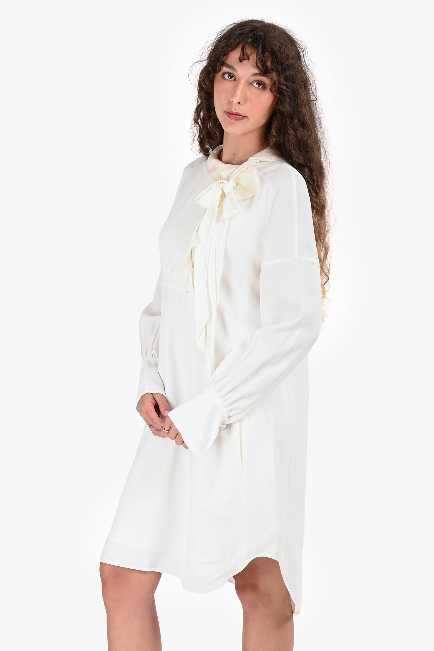 Chloe White Satin Ruffle Tie Detail Long Sleeves Dress Size 34