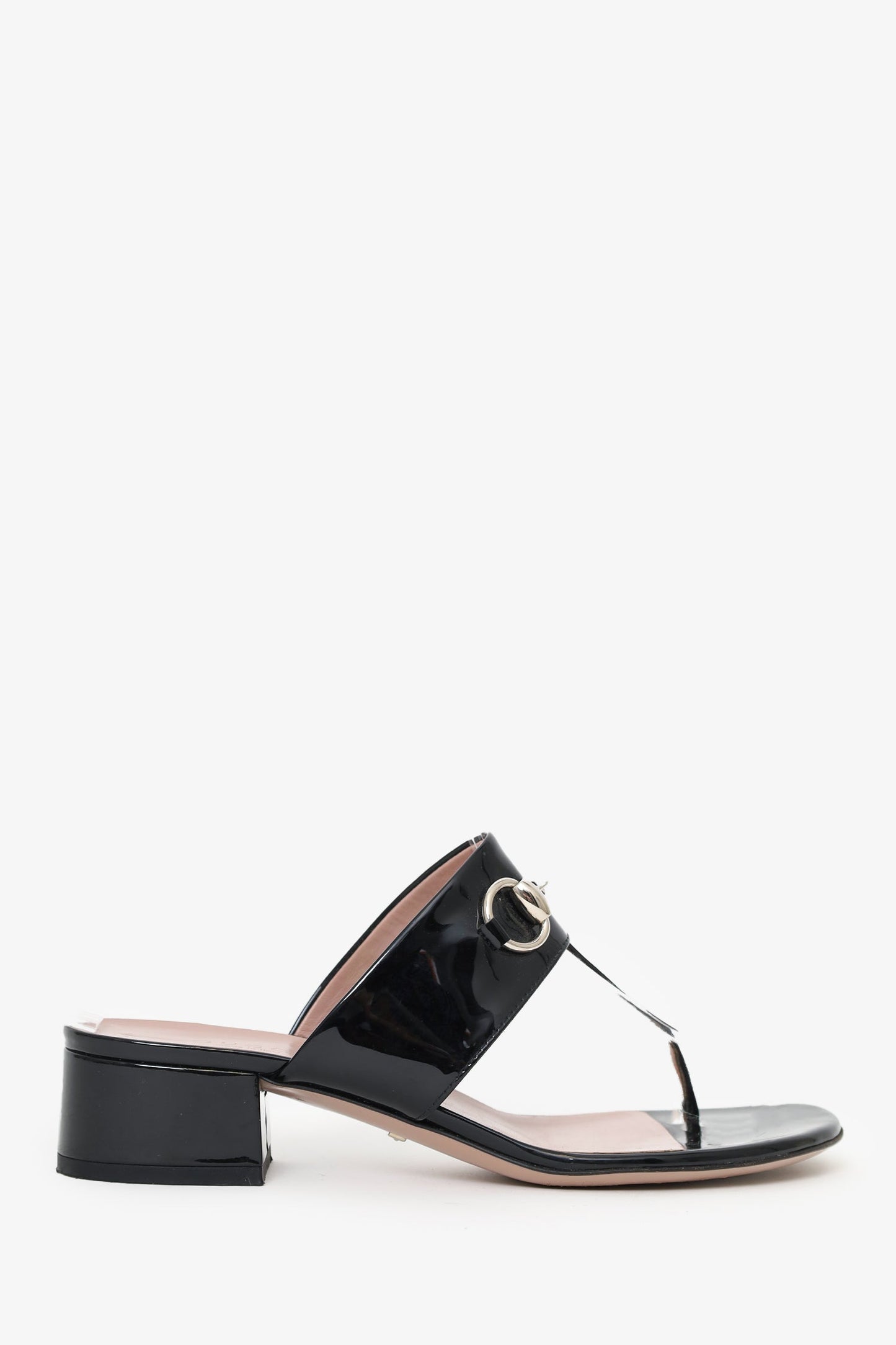 Gucci Black Patent Leather Horsebit Block Heeled Sandals Size 36