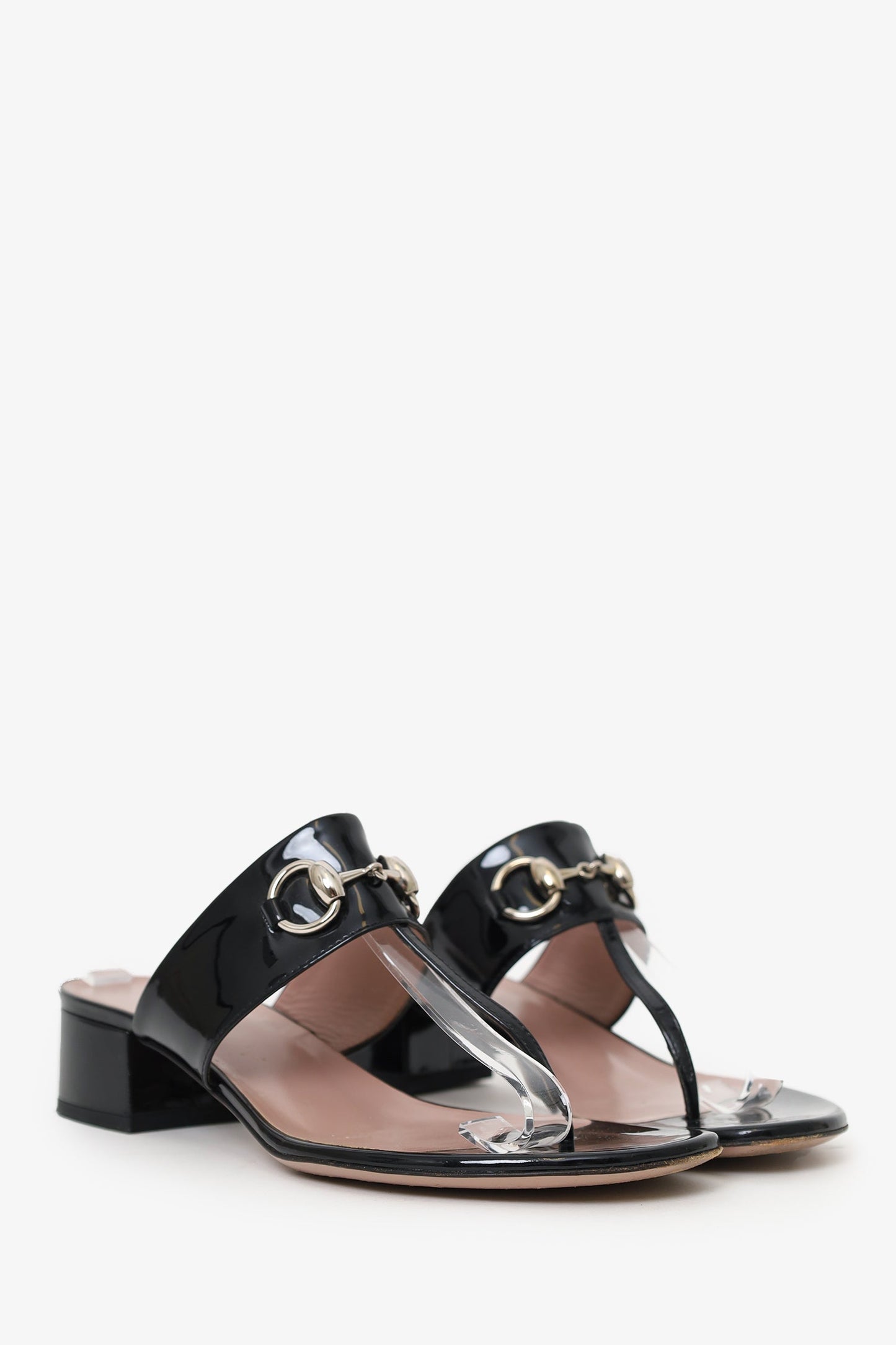 Gucci Black Patent Leather Horsebit Block Heeled Sandals Size 36