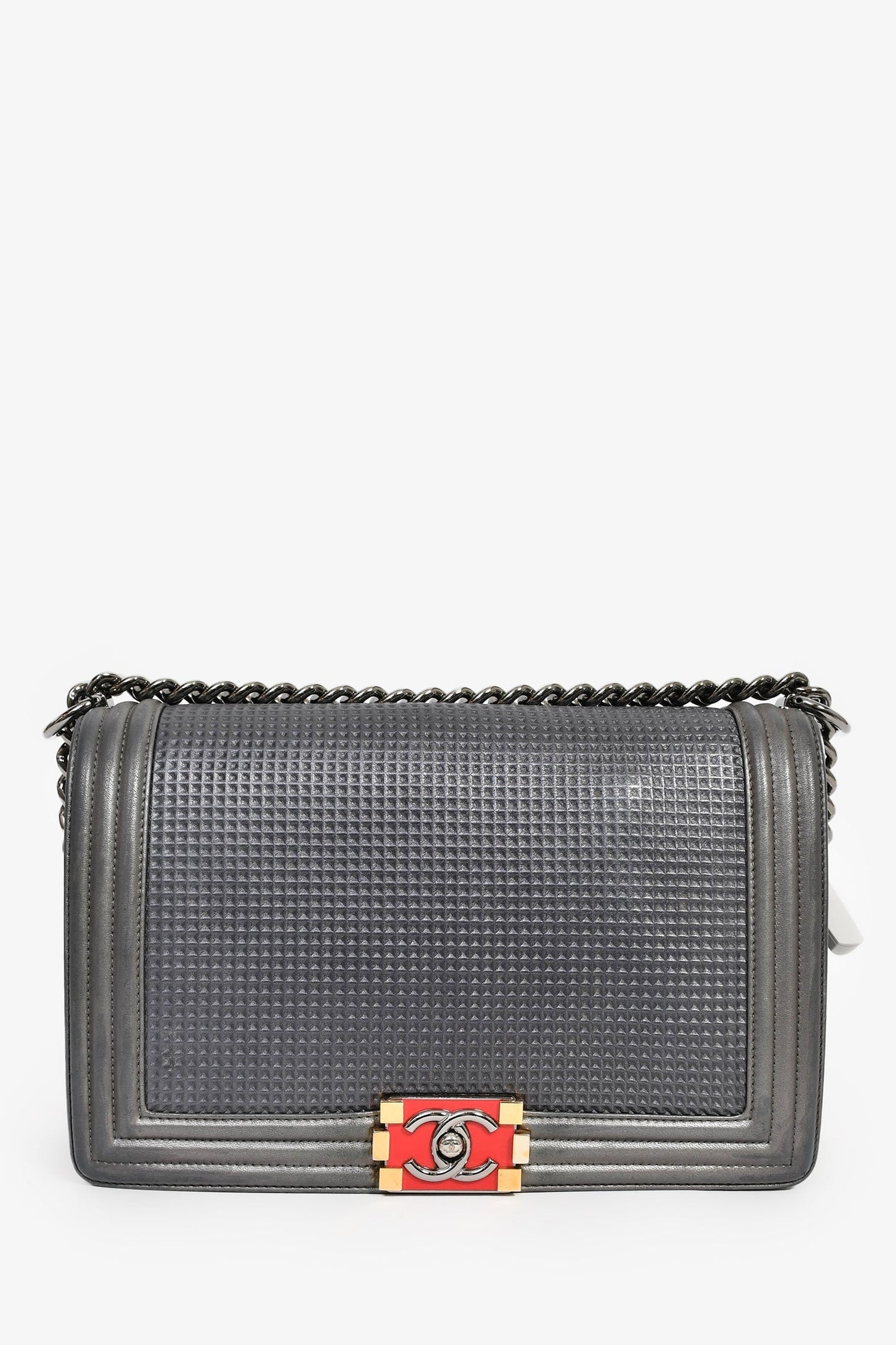 Pre-Loved Chanel™ Grey Leather Cube Medium Boy Bag (As Is)
