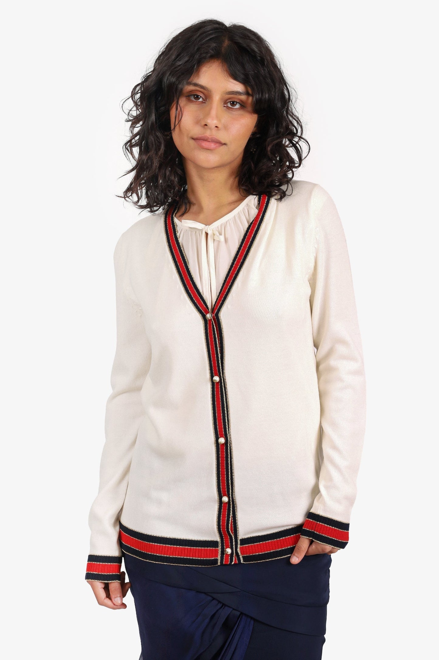 Gucci Cream/Red/Gold Trim Wool Pearl Button Cardigan Size M