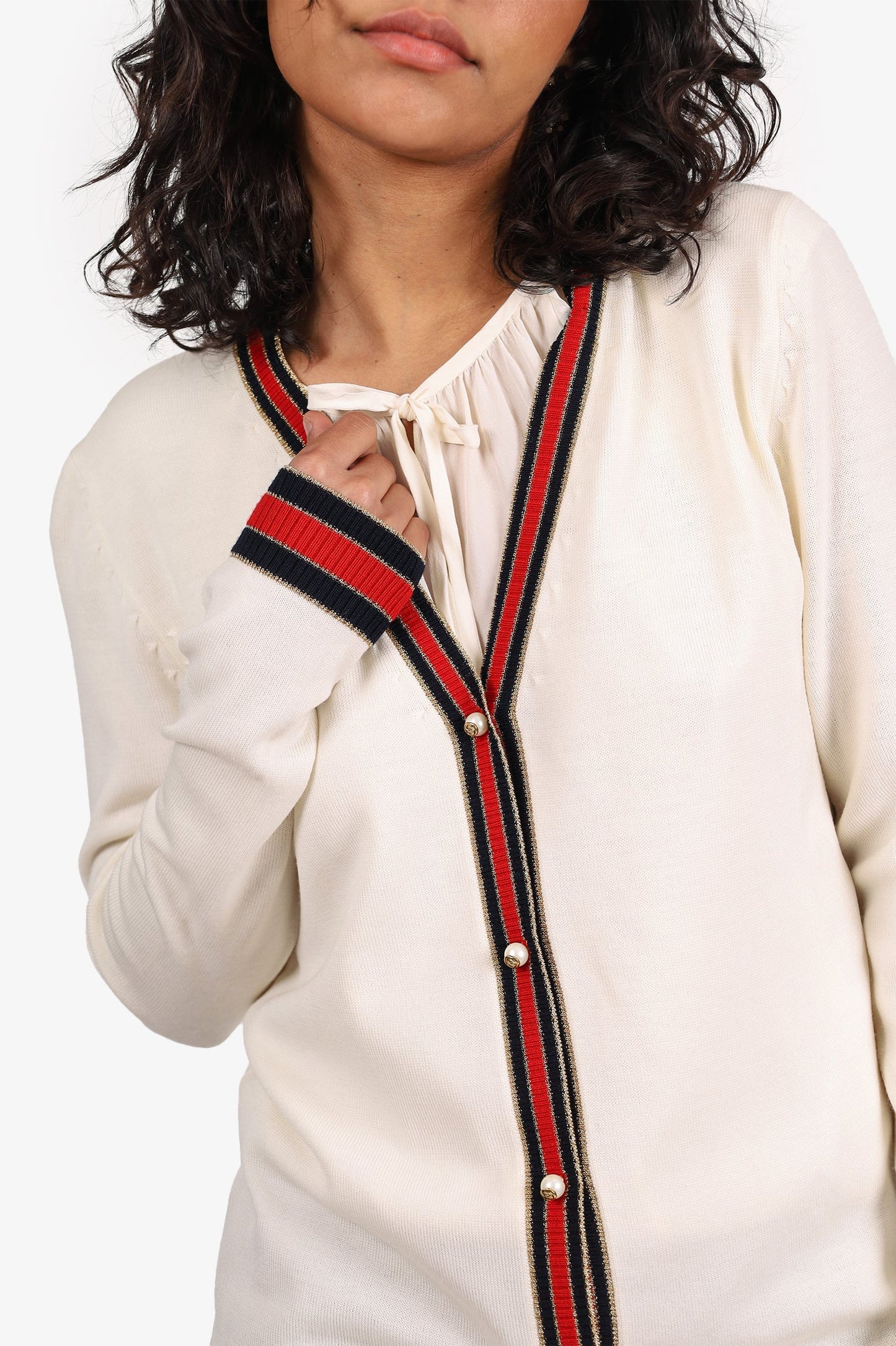 Gucci Cream/Red/Gold Trim Wool Pearl Button Cardigan Size M