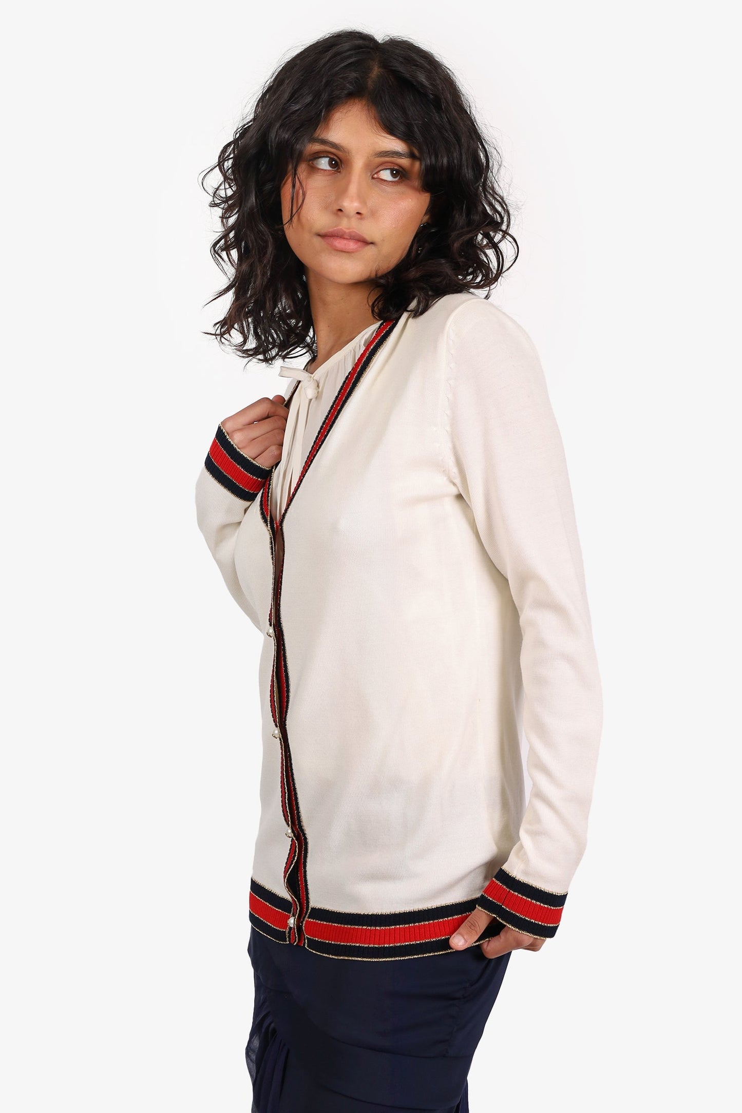 Gucci Cream/Red/Gold Trim Wool Pearl Button Cardigan Size M
