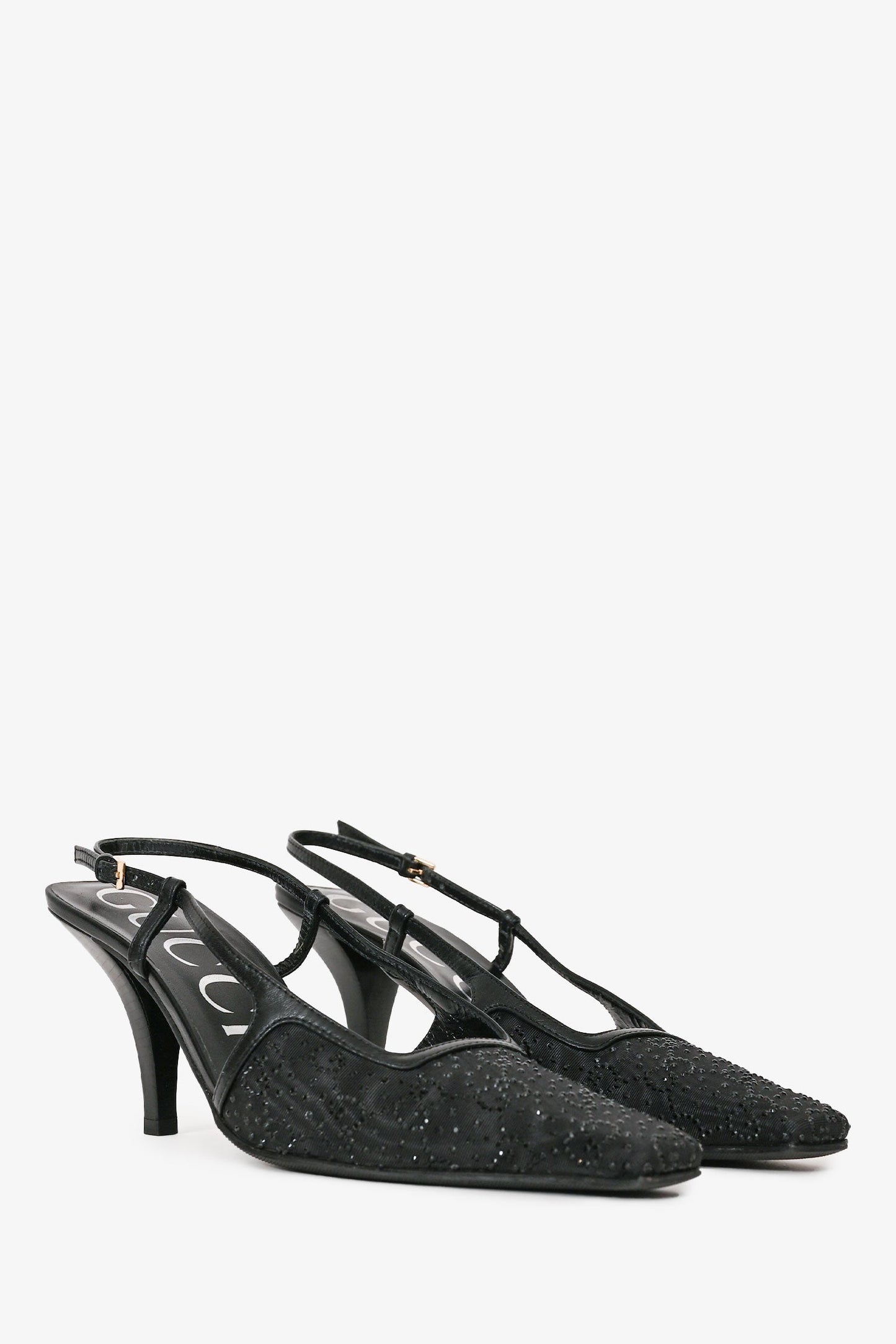 Gucci Black GG Logo Mesh Crystal Embellishments Slingback Pumps Size 37