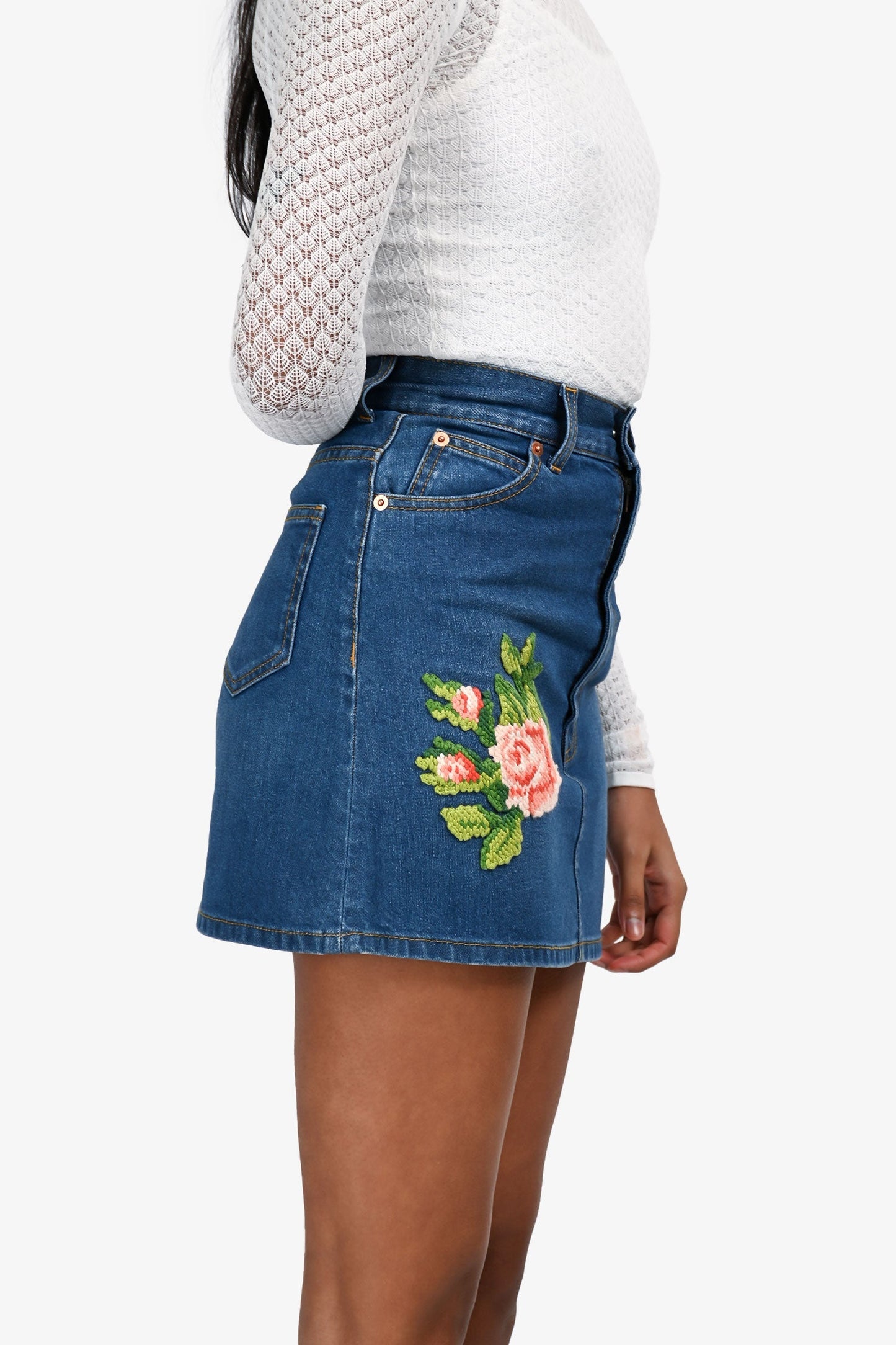 Gucci Blue Denim Rose Embroidered High Waisted Mini Skirt Size 36
