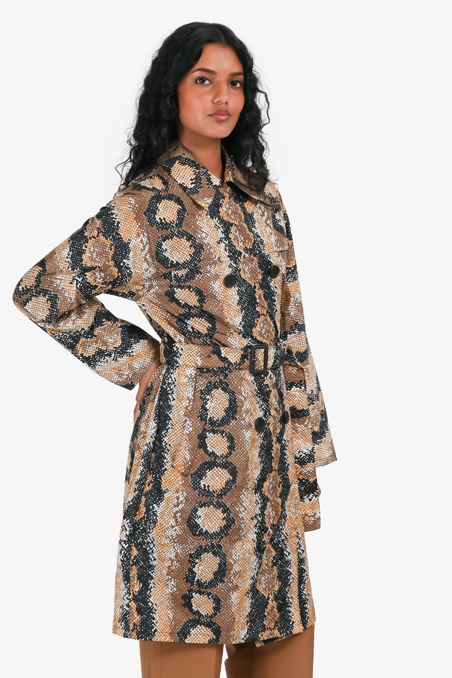 Prada 2015 Brown Animal Print Nylon Belted Midi Trench Coat Size 36