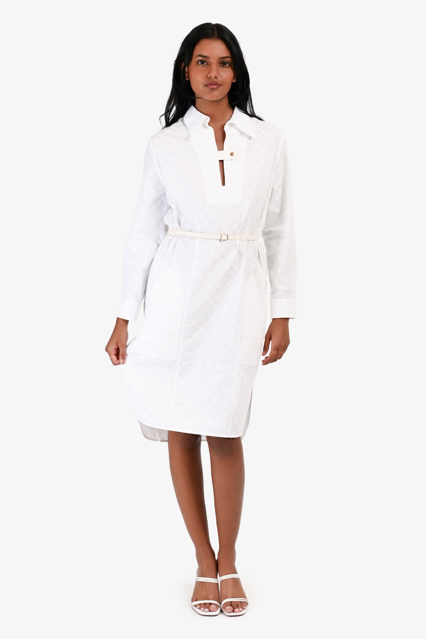 Louis Vuitton White Monogram Cotton 'Relief Shirt Dress' with Belt Size 34