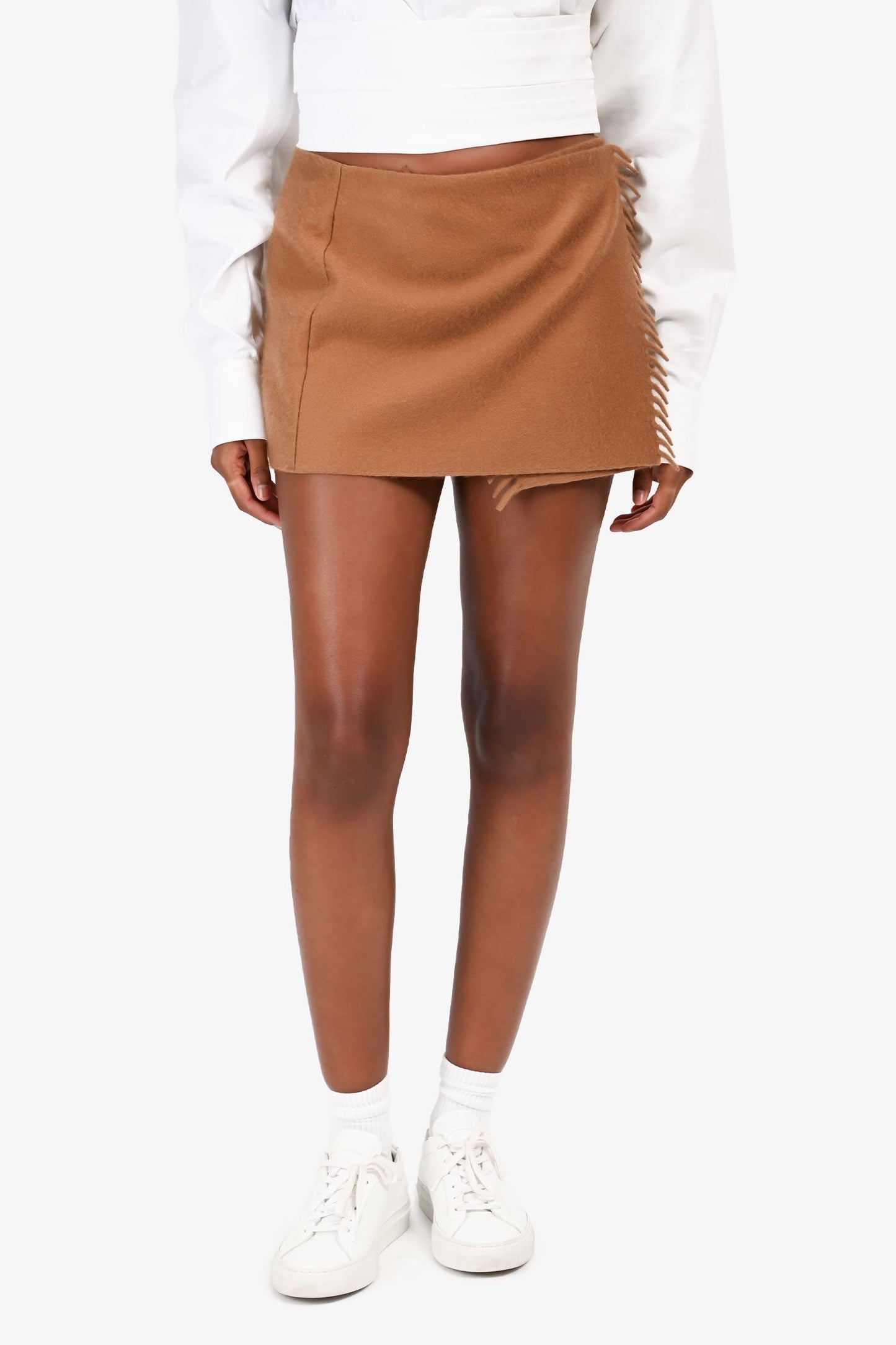 Prada 2023 Brown Cashmere Fringe Scarf Mini Skirt Size 38