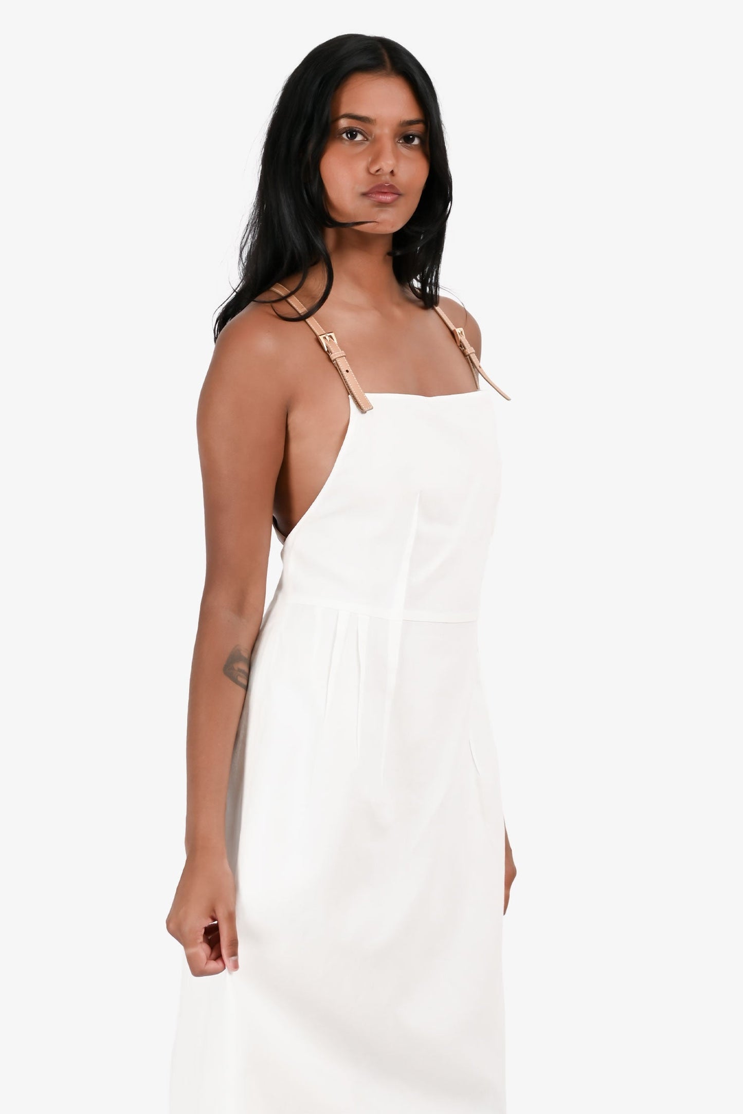 Prada 2023 White Linen/Cotton Brown Leather Strap Midi Dress Size 38