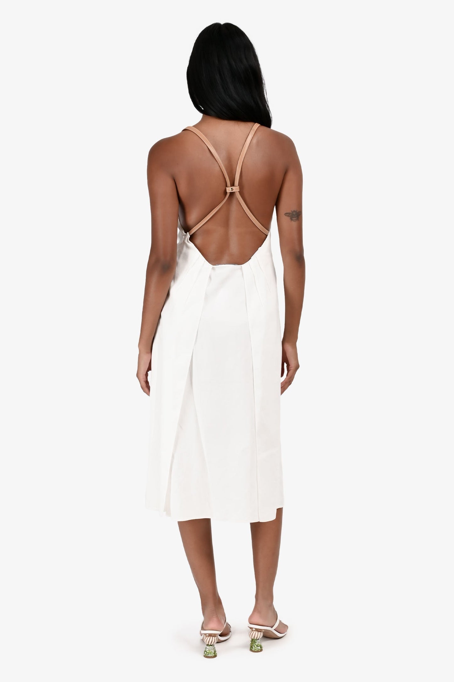 Prada 2023 White Linen/Cotton Brown Leather Strap Midi Dress Size 38
