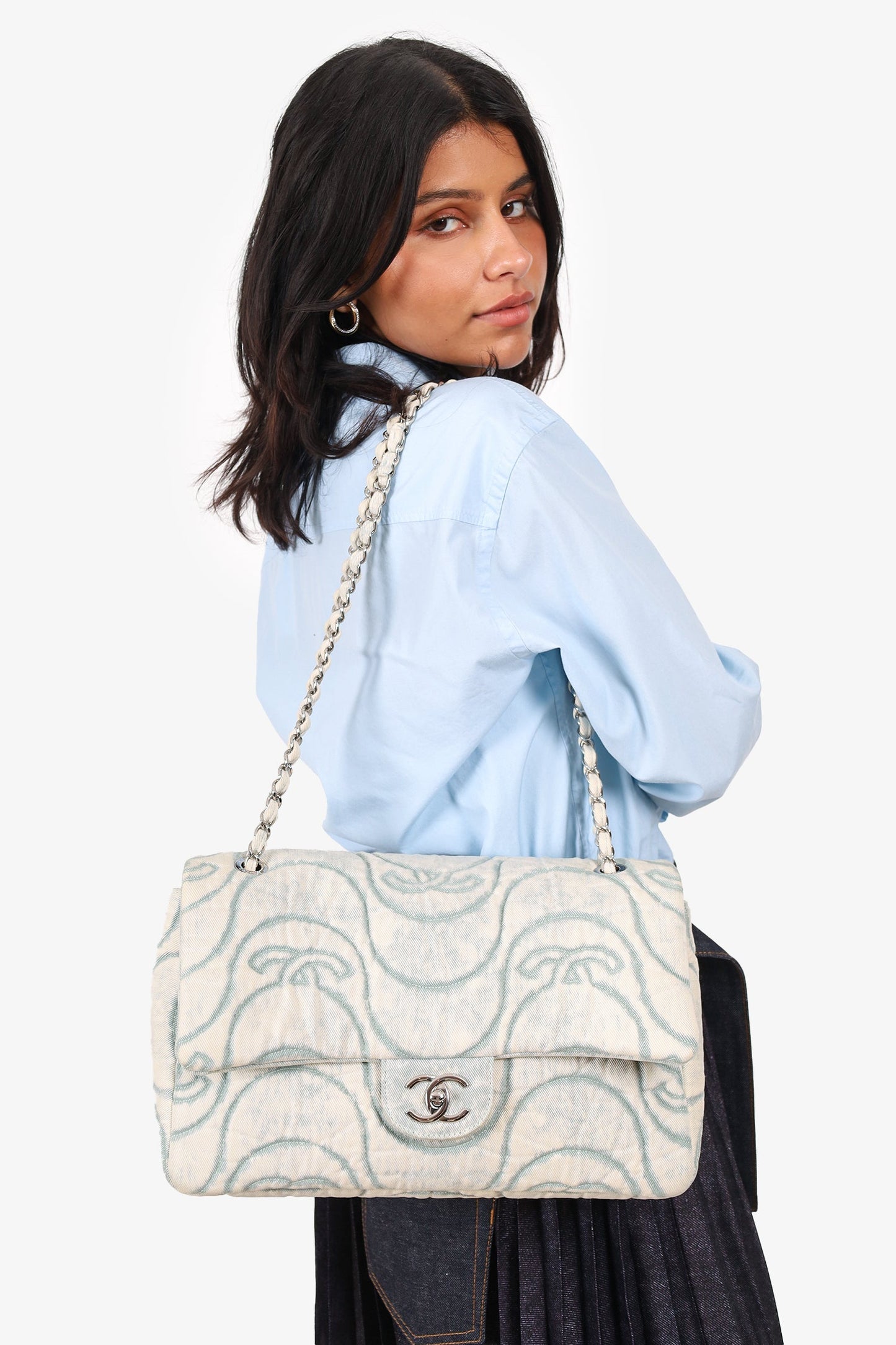 Pre-Loved Chanel™ 2021 Blue Denim Wave Jumbo Flap Bag